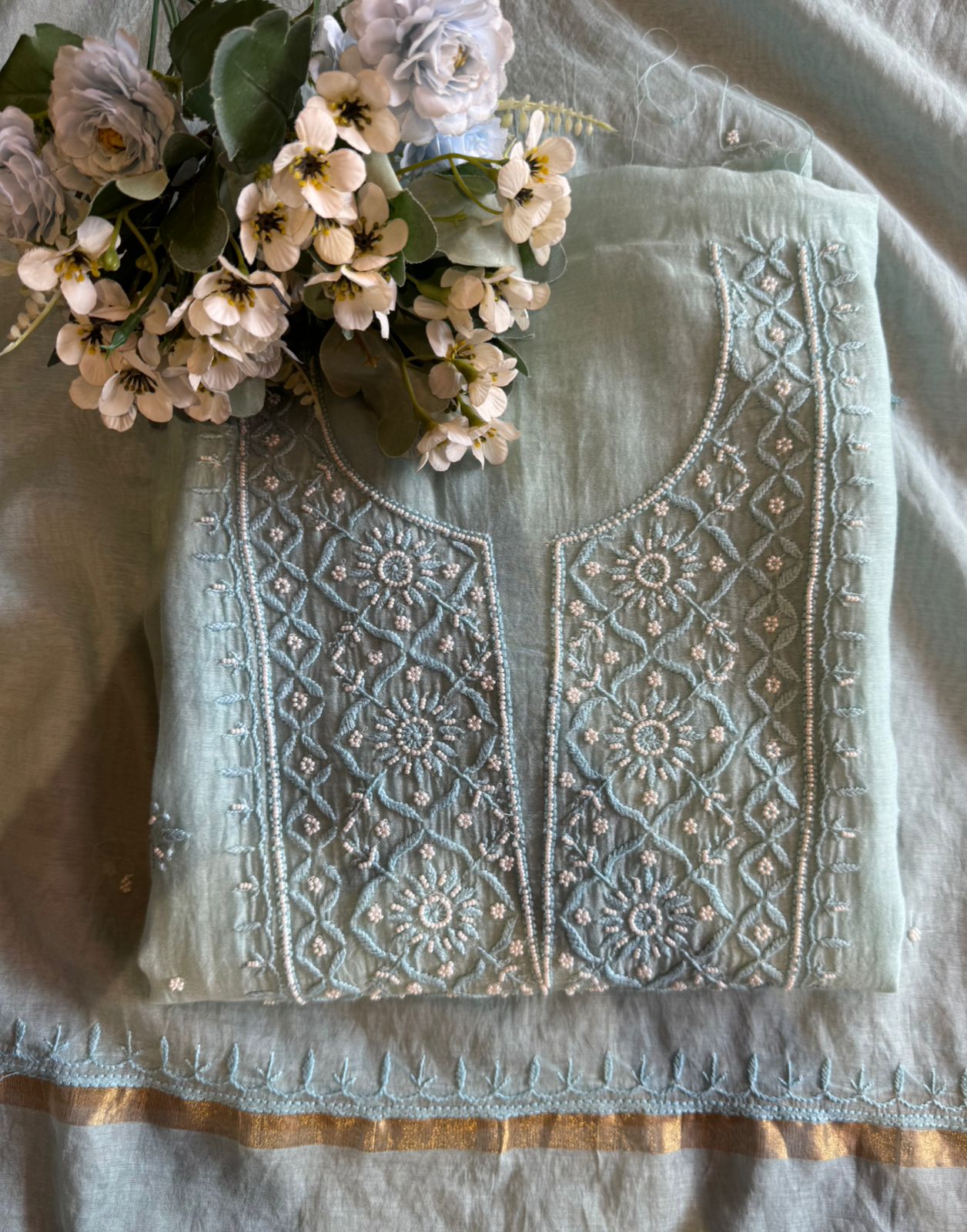 Fine Mul cotton chanderi unstitched Shirt with thread embroidered Lakhnavi