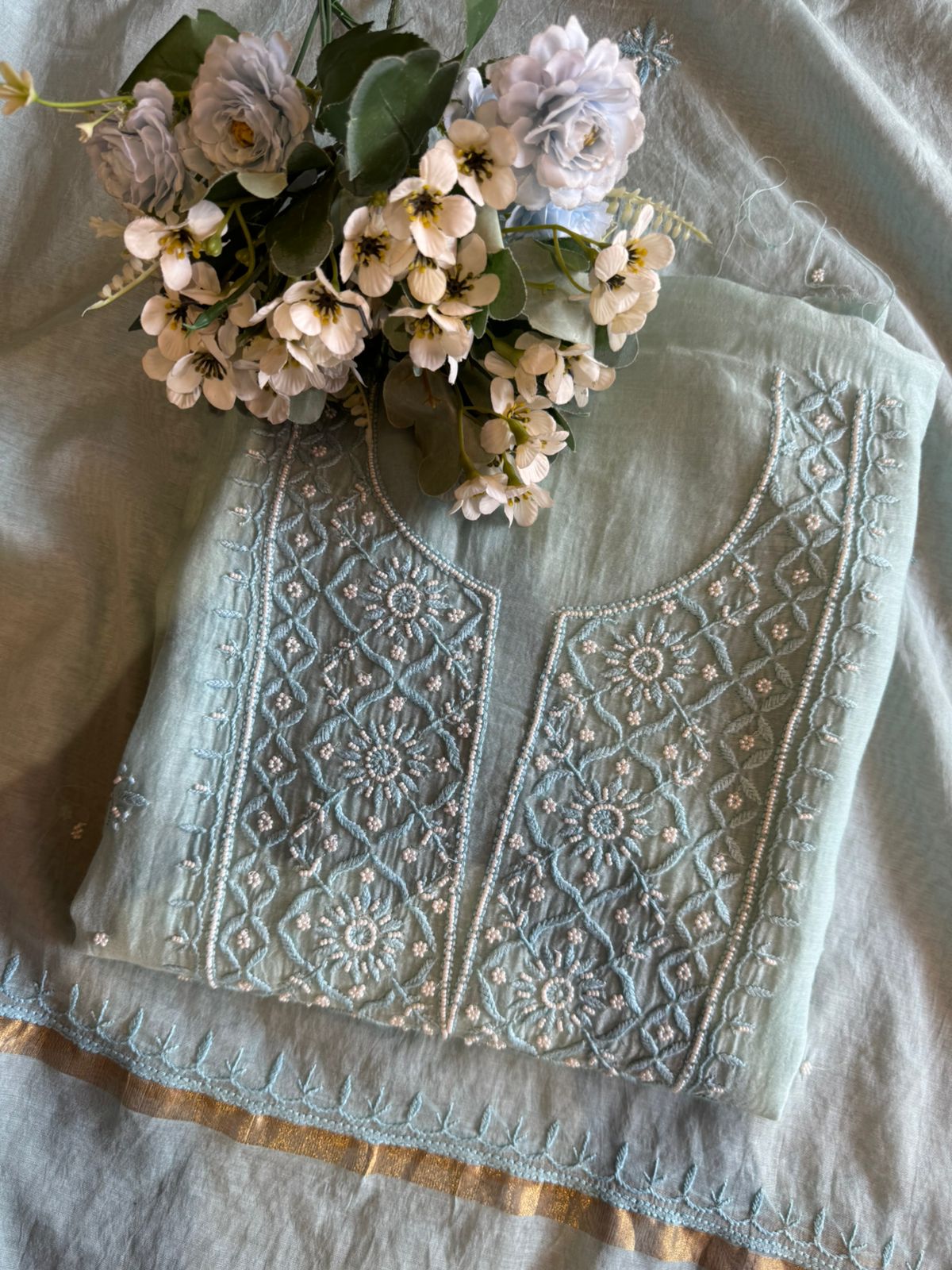 Fine Mul cotton chanderi unstitched Shirt with thread embroidered Lakhnavi