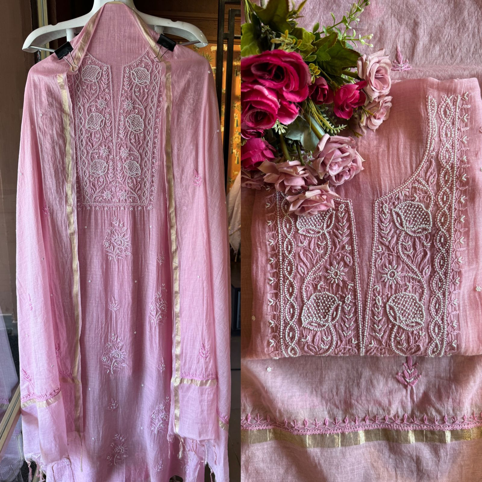 Fine Mul cotton chanderi unstitched Shirt with thread embroidered Lakhnavi