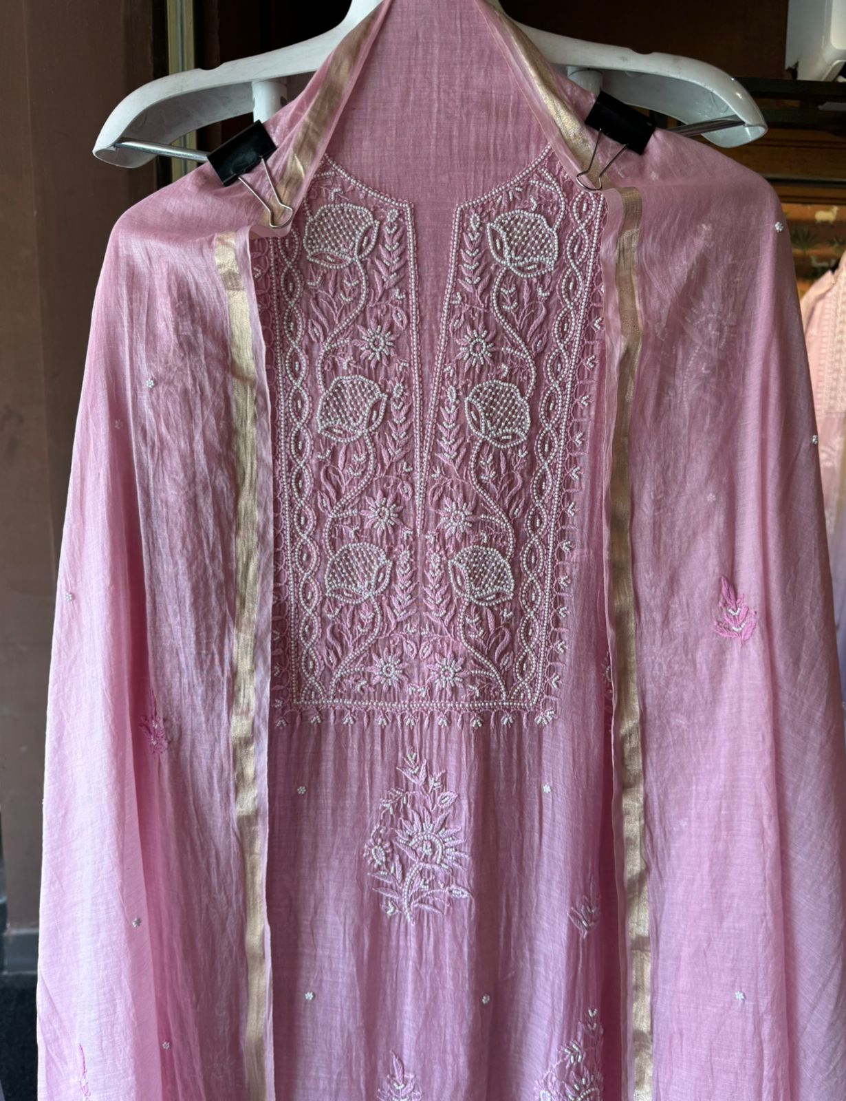 Fine Mul cotton chanderi unstitched Shirt with thread embroidered Lakhnavi