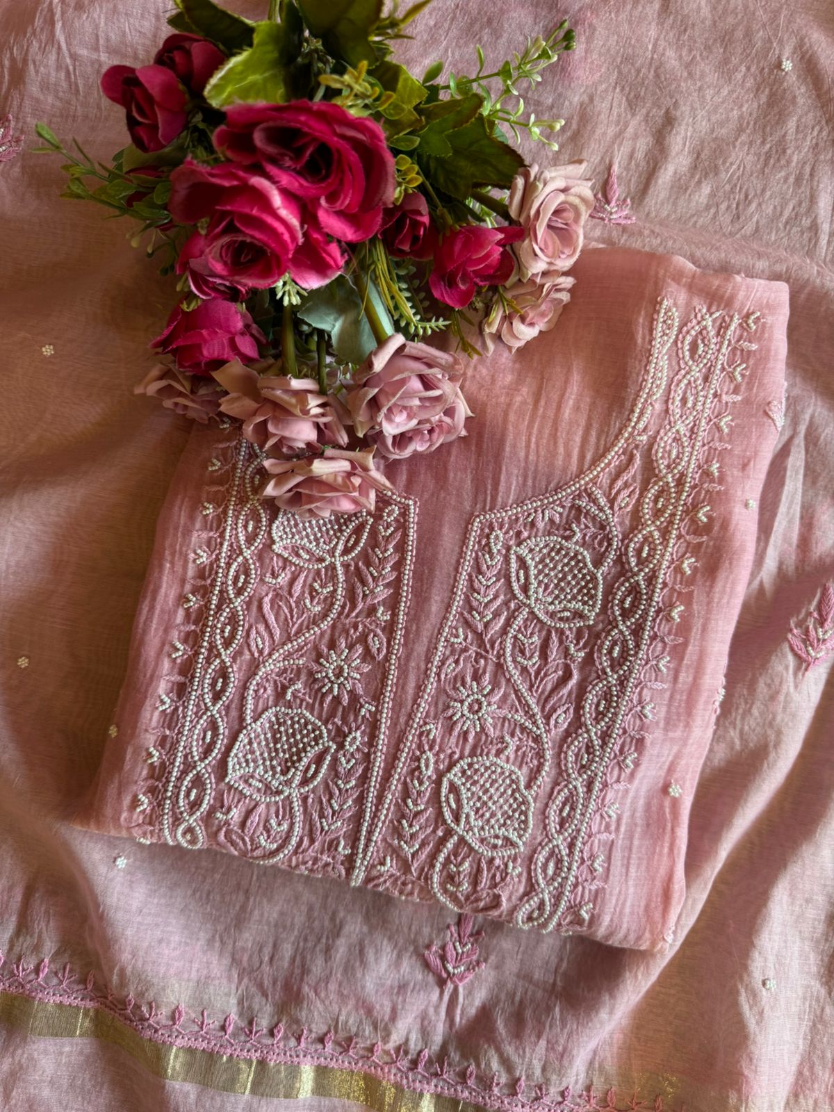 Fine Mul cotton chanderi unstitched Shirt with thread embroidered Lakhnavi