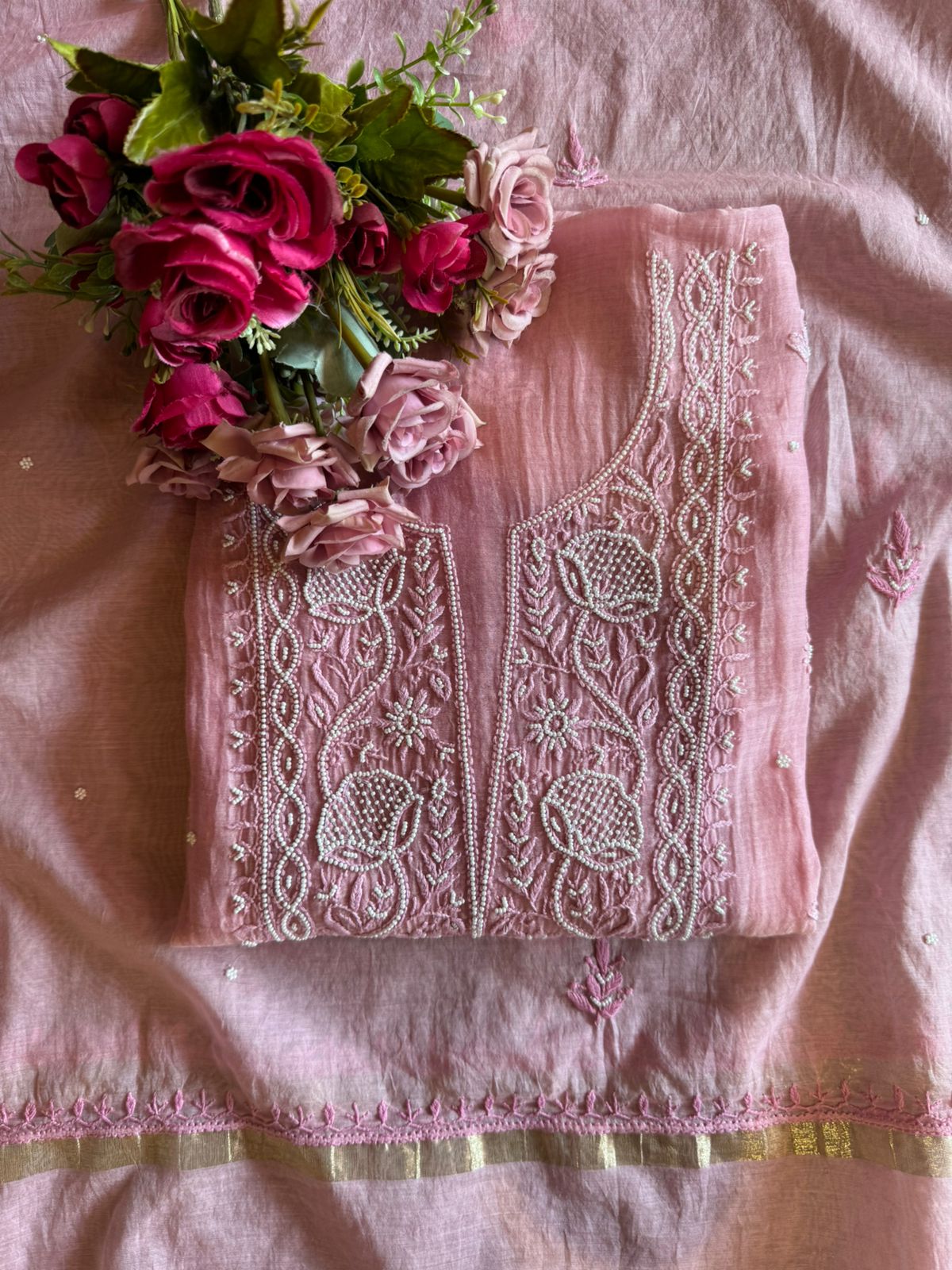 Fine Mul cotton chanderi unstitched Shirt with thread embroidered Lakhnavi