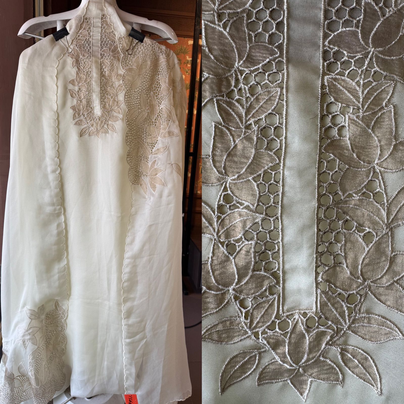 Organza Shirt unstitched with contrast appliqué cutwork done on the neckline