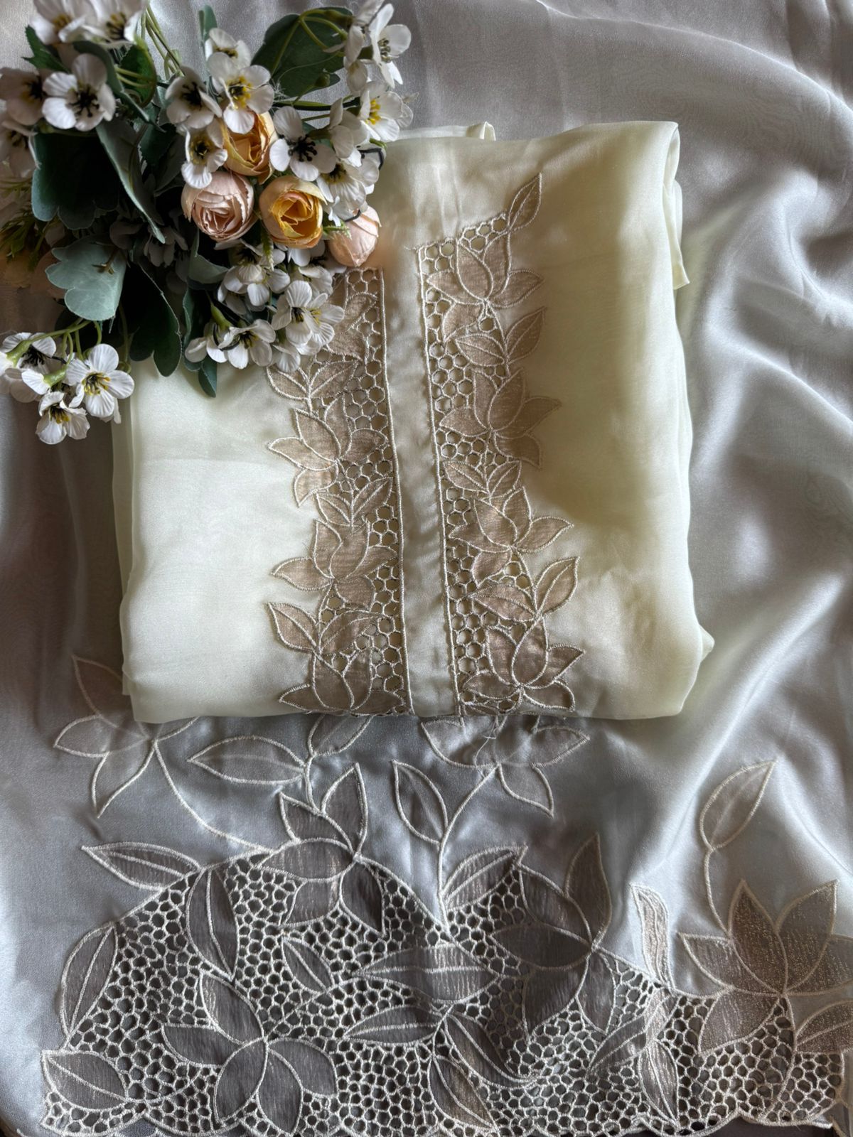 Organza Shirt unstitched with contrast appliqué cutwork done on the neckline