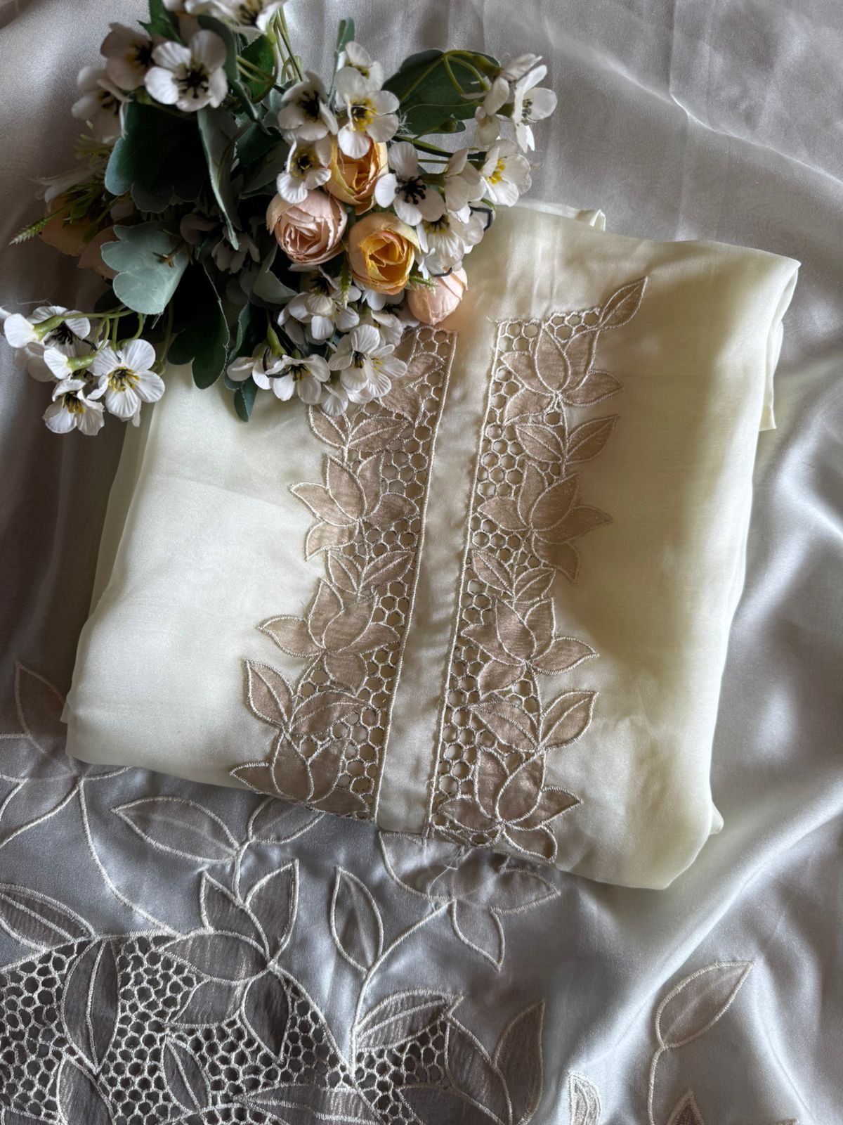 Organza Shirt unstitched with contrast appliqué cutwork done on the neckline