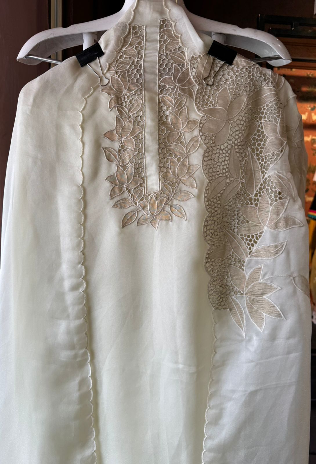 Organza Shirt unstitched with contrast appliqué cutwork done on the neckline