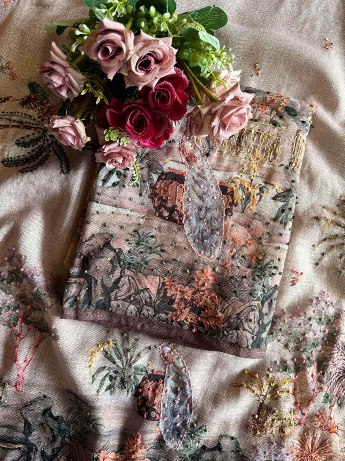 Pure cotton Linen Unstitched Shirt design with beautiful PICHWAI art