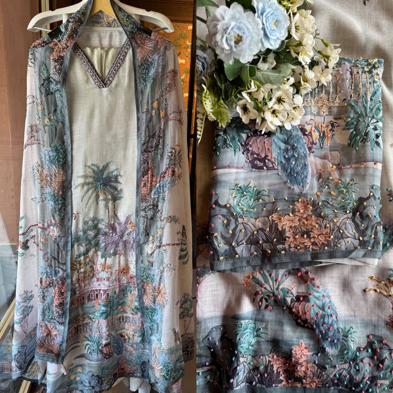 Pure cotton Linen Unstitched Shirt design with beautiful PICHWAI art