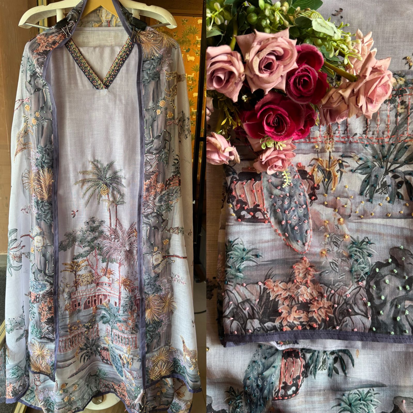 Pure cotton Linen Unstitched Shirt design with beautiful PICHWAI Art