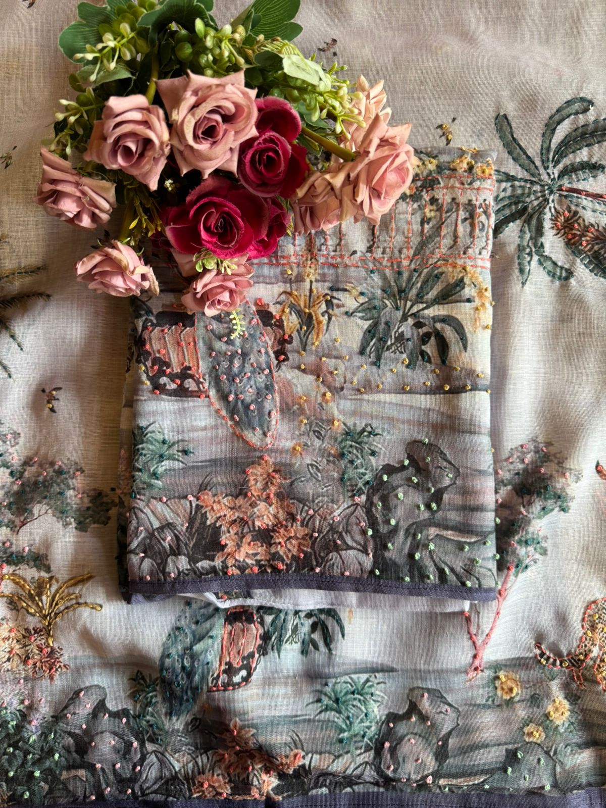 Pure cotton Linen Unstitched Shirt design with beautiful PICHWAI Art