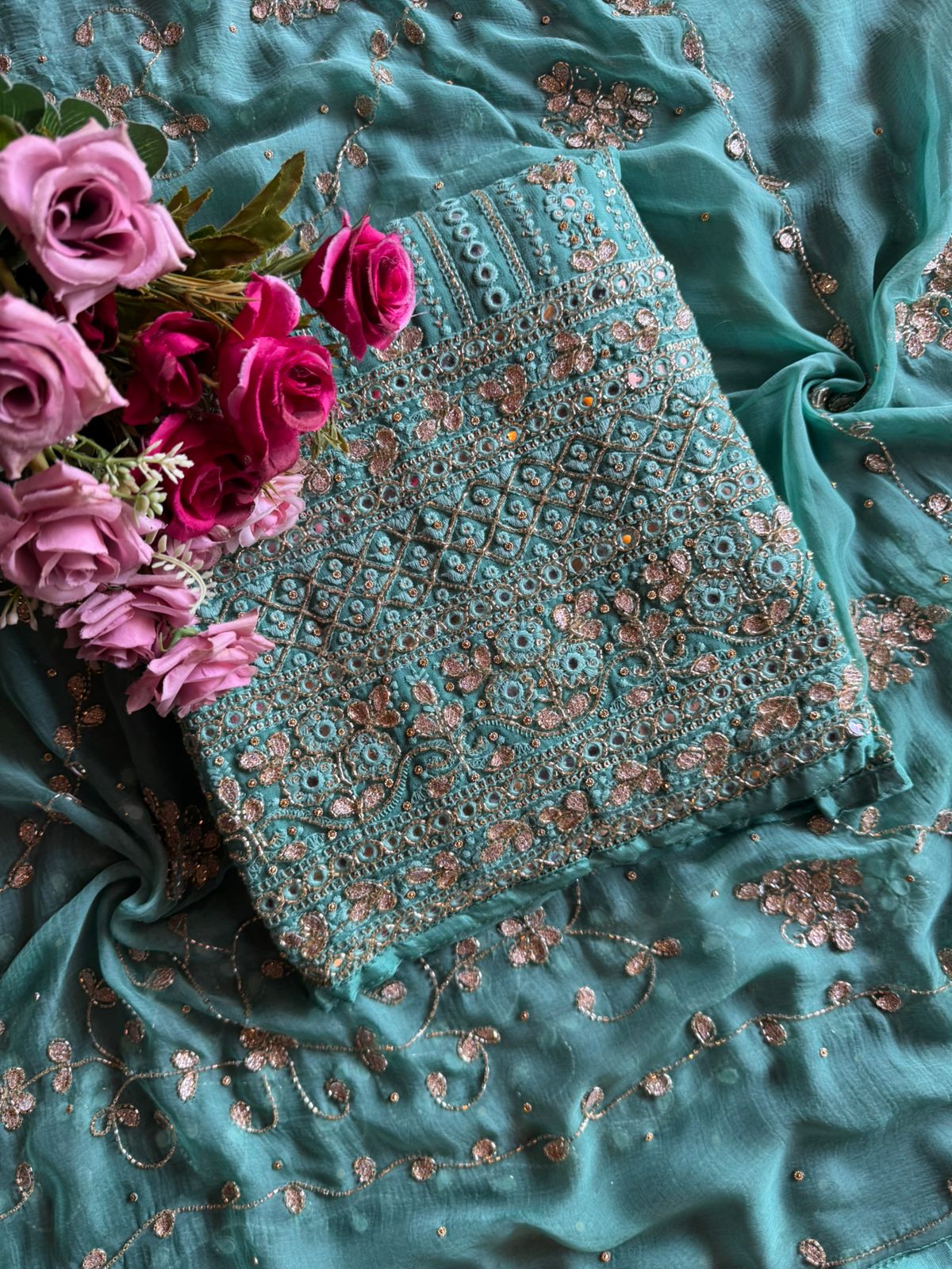 Pure Georgette Lakhnavi shirt Unstitched with thread embroidery