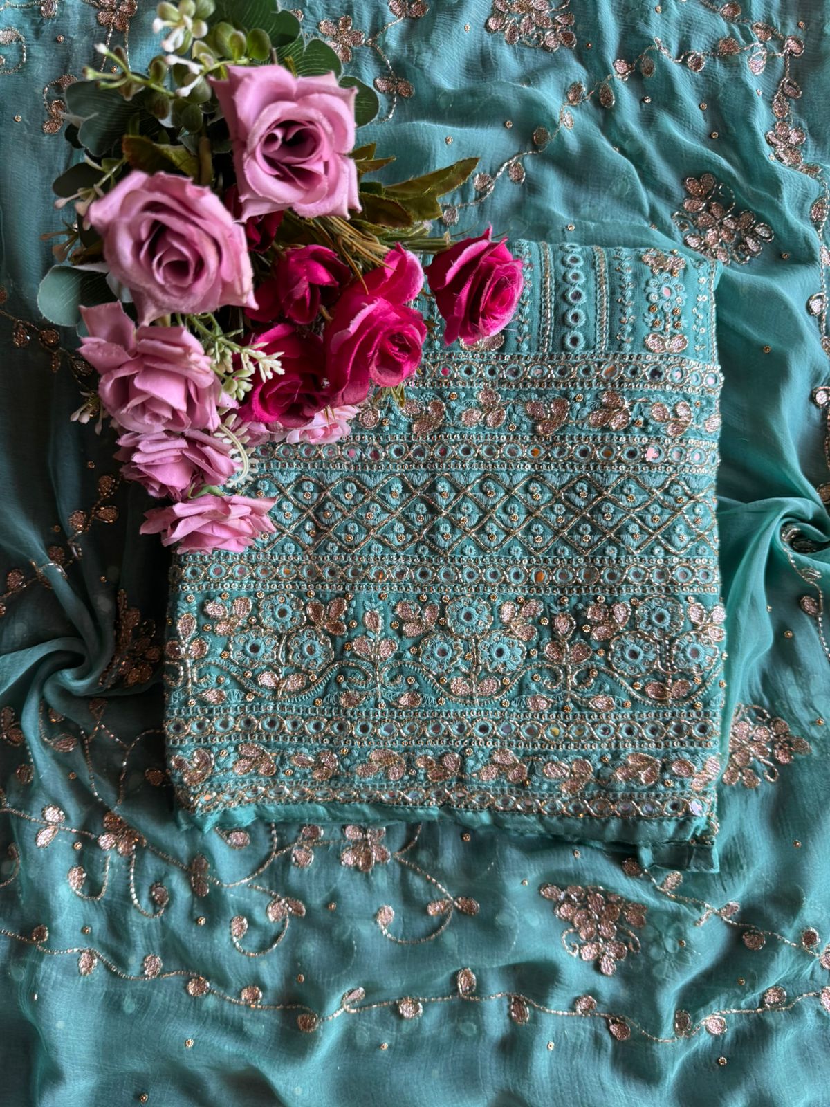 Pure Georgette Lakhnavi shirt Unstitched with thread embroidery