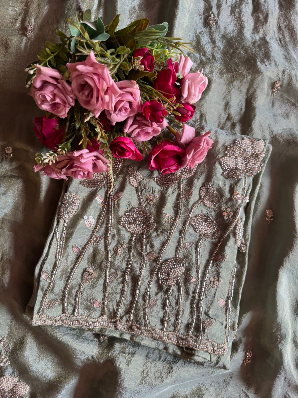 Pakistani handwork pieces On pure shimmer tissue