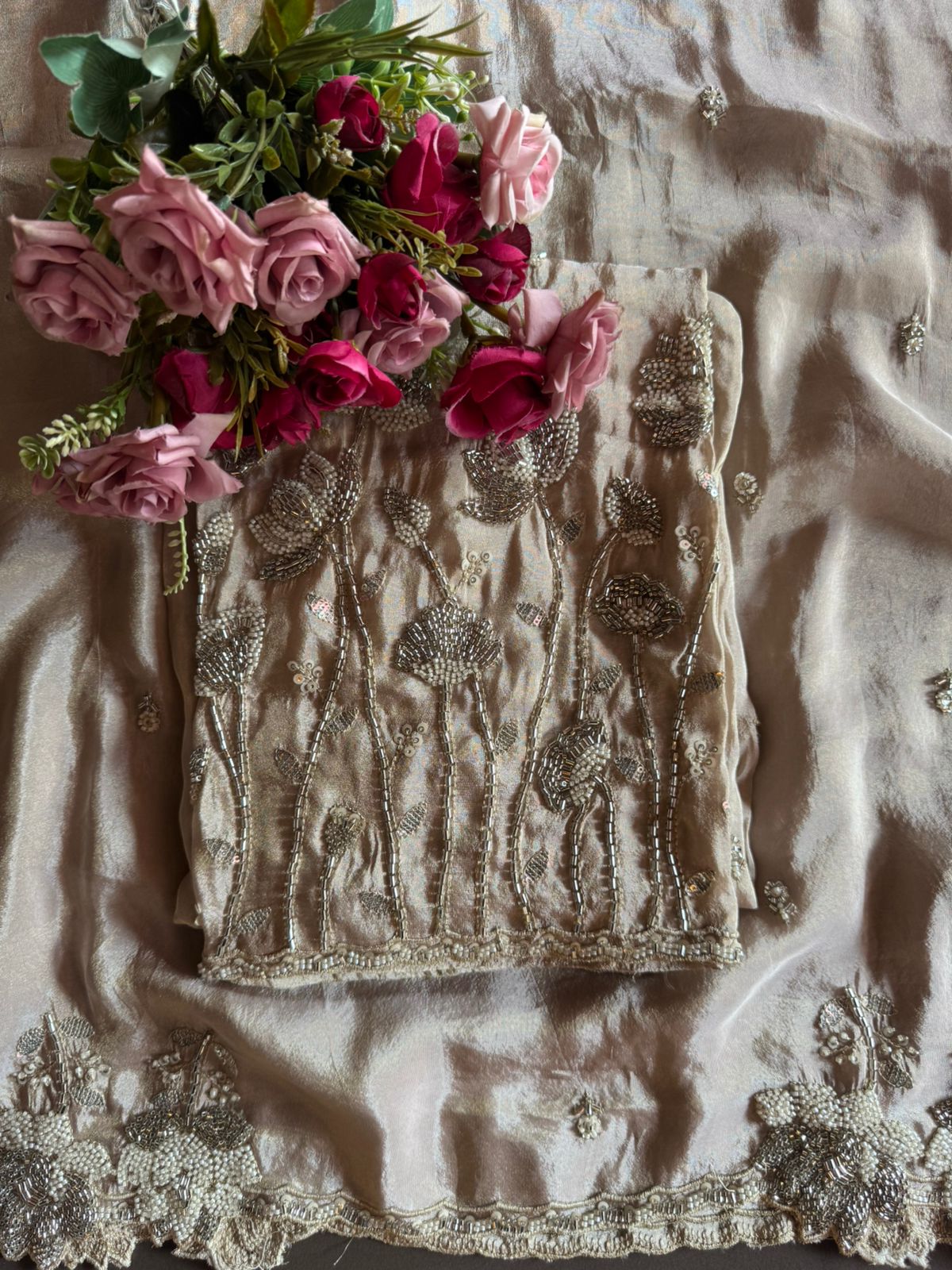 Pakistani handwork pieces On pure shimmer tissue