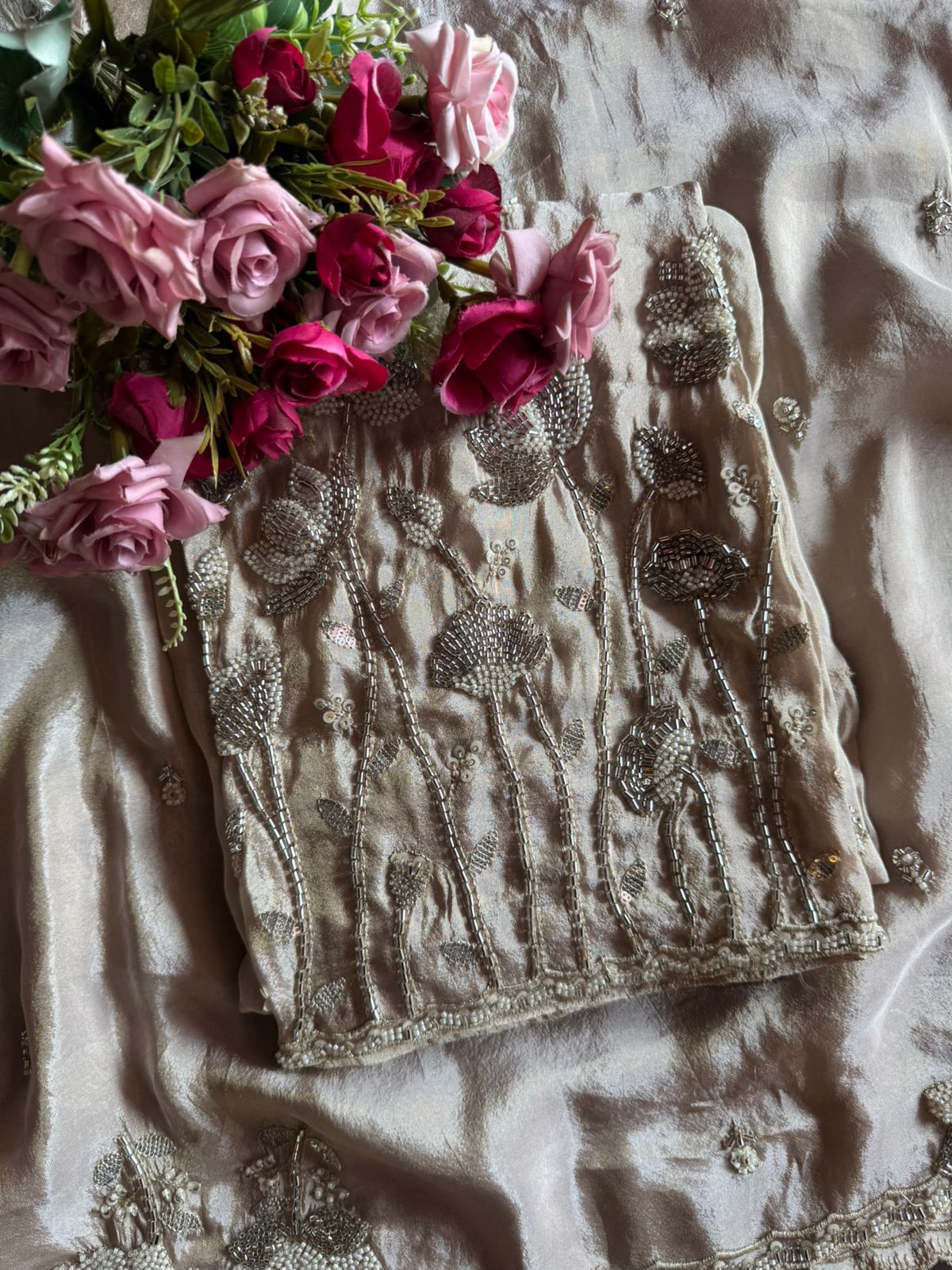 Pakistani handwork pieces On pure shimmer tissue