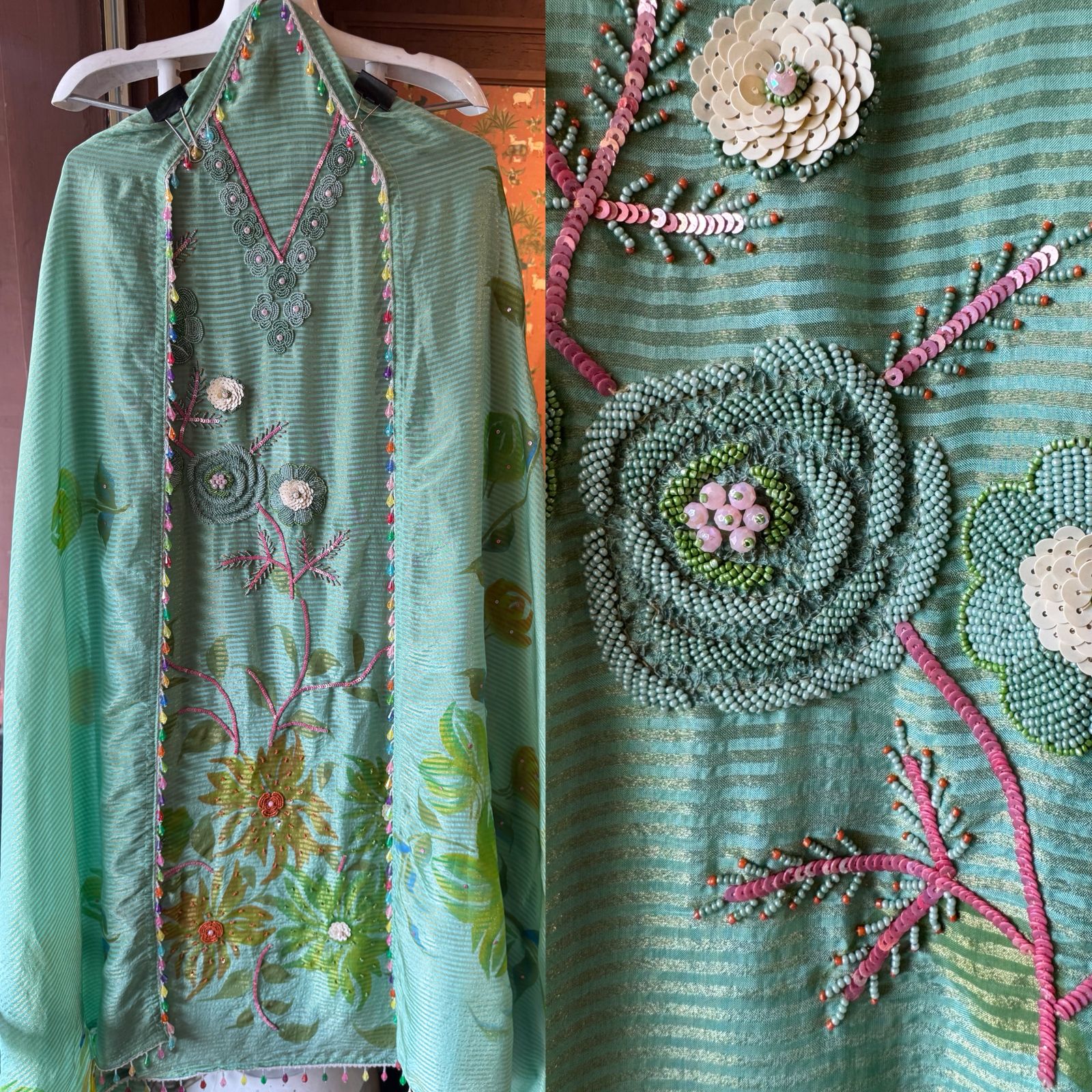 Unstitched tissue shirt with coloured Cutdana