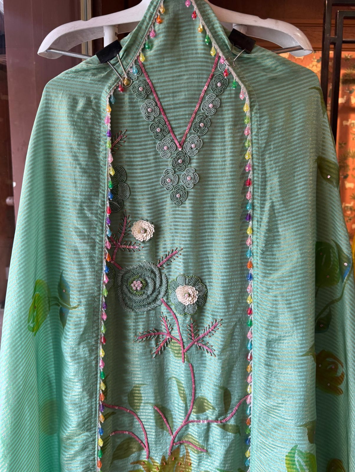 Unstitched tissue shirt with coloured Cutdana