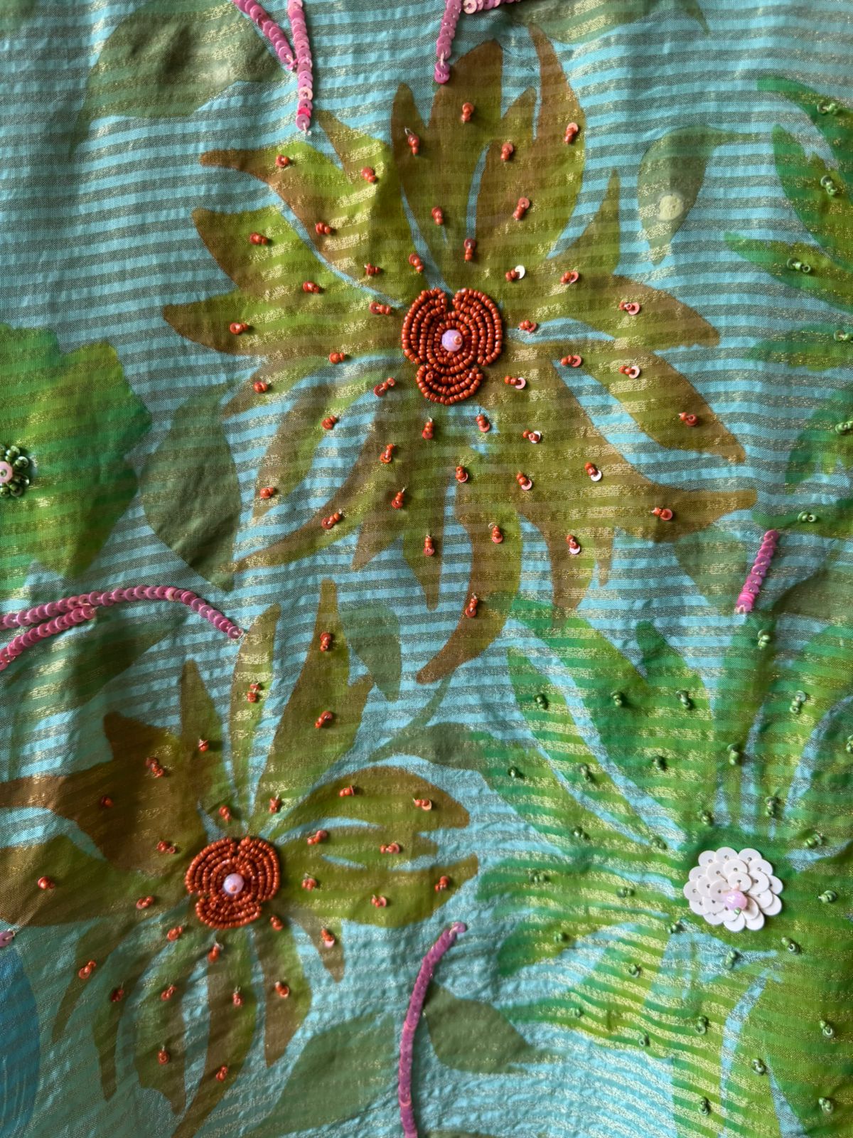 Unstitched tissue shirt with coloured Cutdana