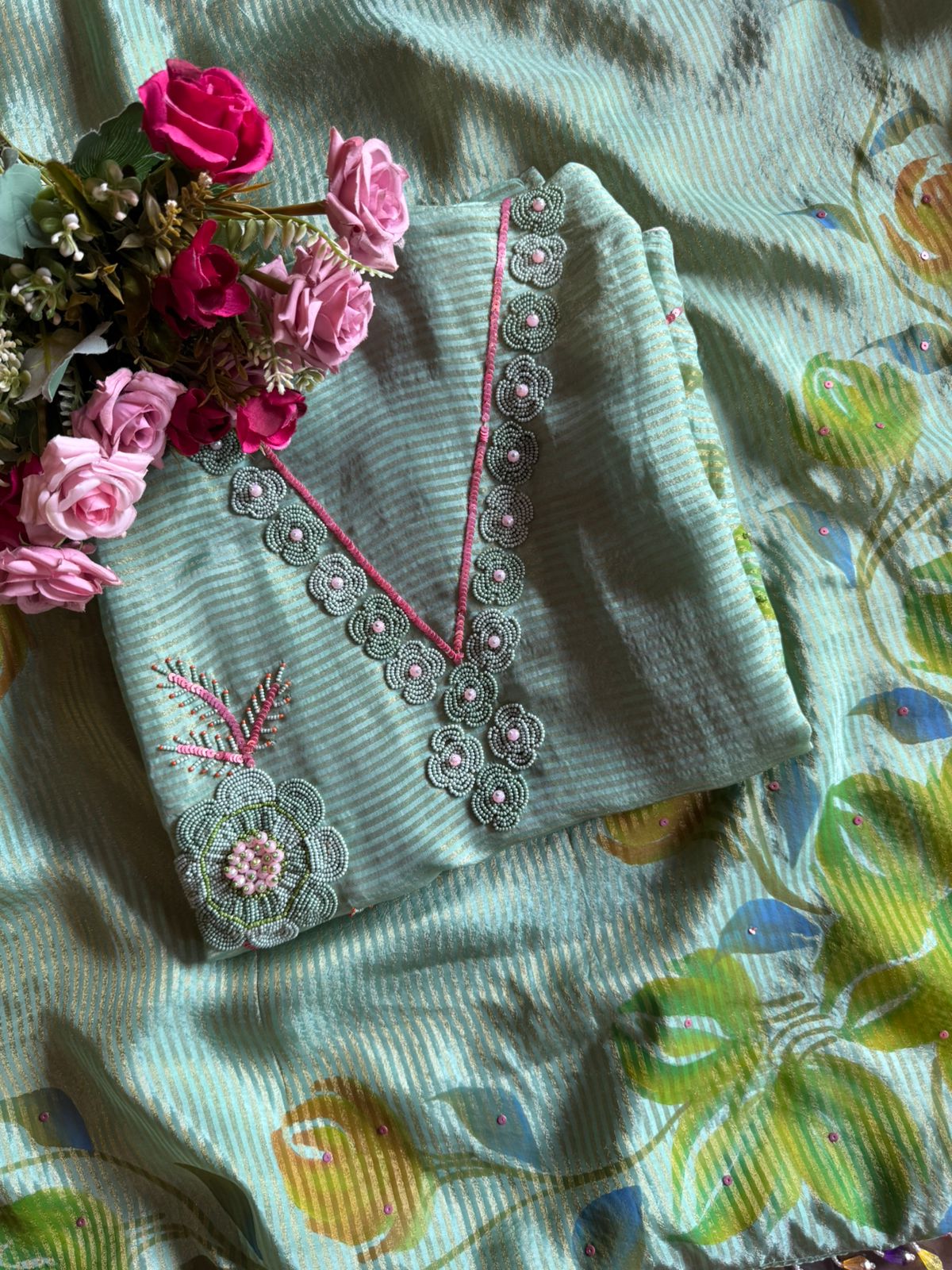 Unstitched tissue shirt with coloured Cutdana
