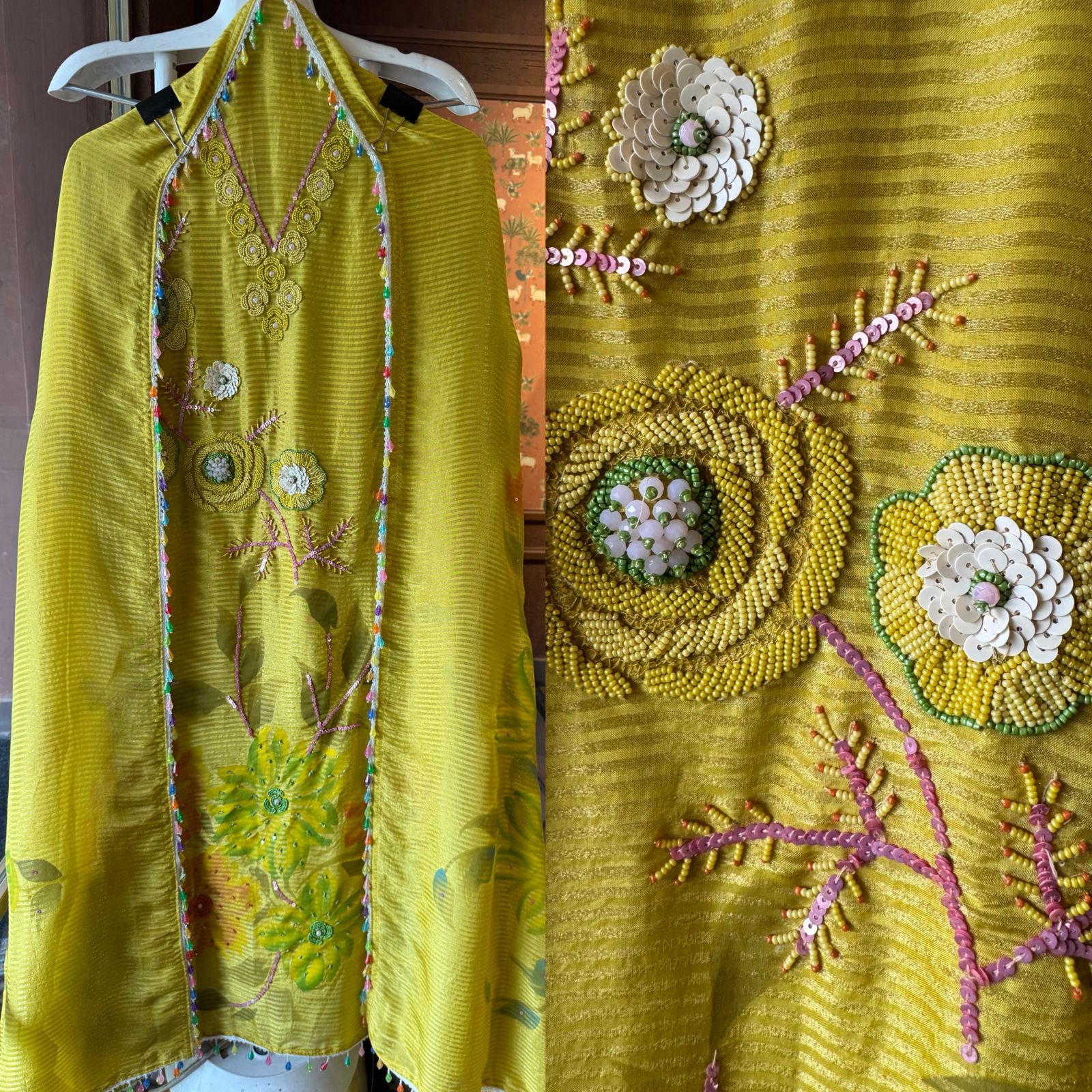 Unstitched tissue shirt with coloured Cutdana