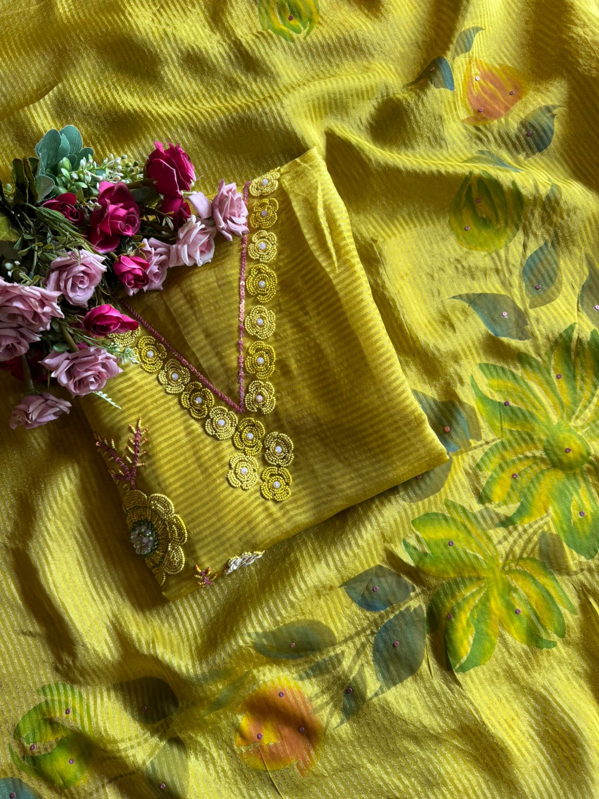 Unstitched tissue shirt with coloured Cutdana