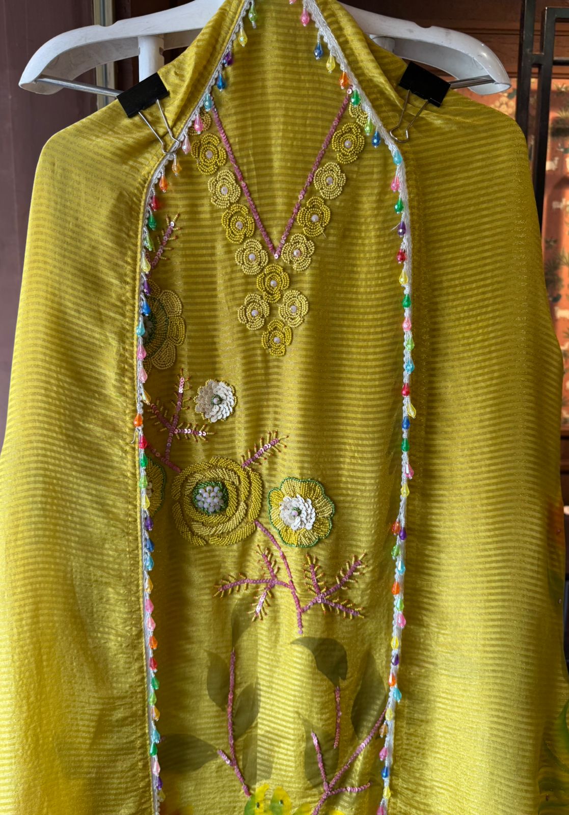 Unstitched tissue shirt with coloured Cutdana