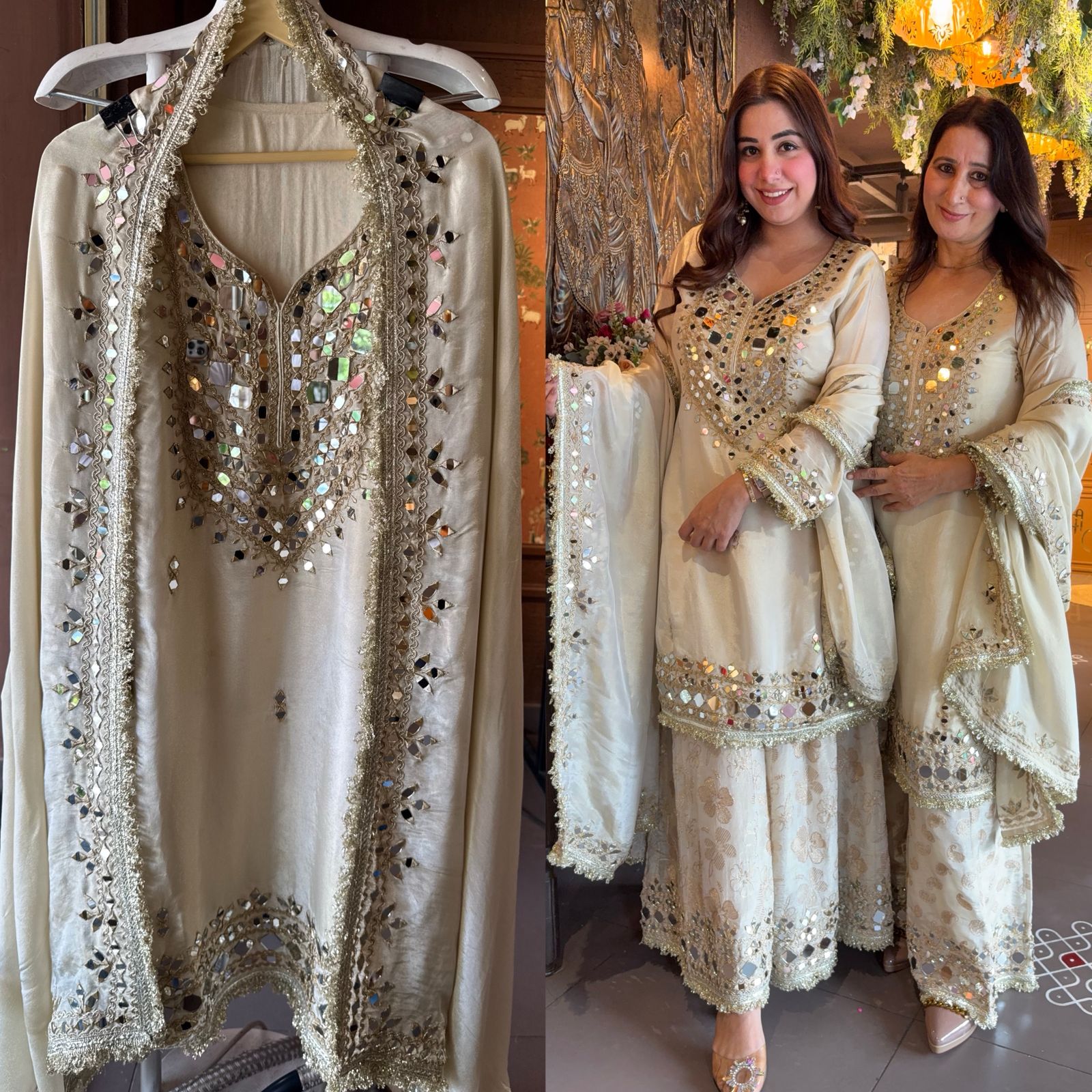 Sharara set on pure tissue with Beautiful mirror embellished neckline