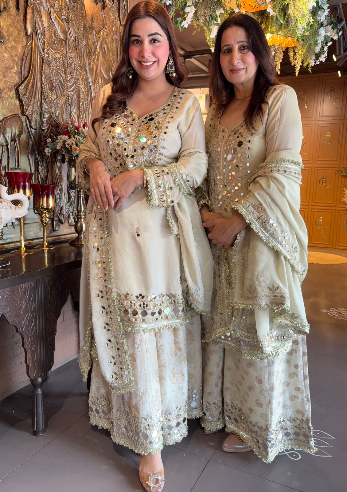 Sharara set on pure tissue with Beautiful mirror embellished neckline