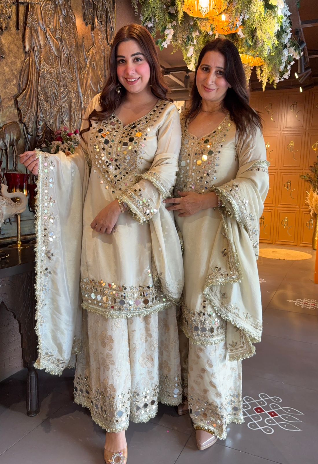 Sharara set on pure tissue with Beautiful mirror embellished neckline