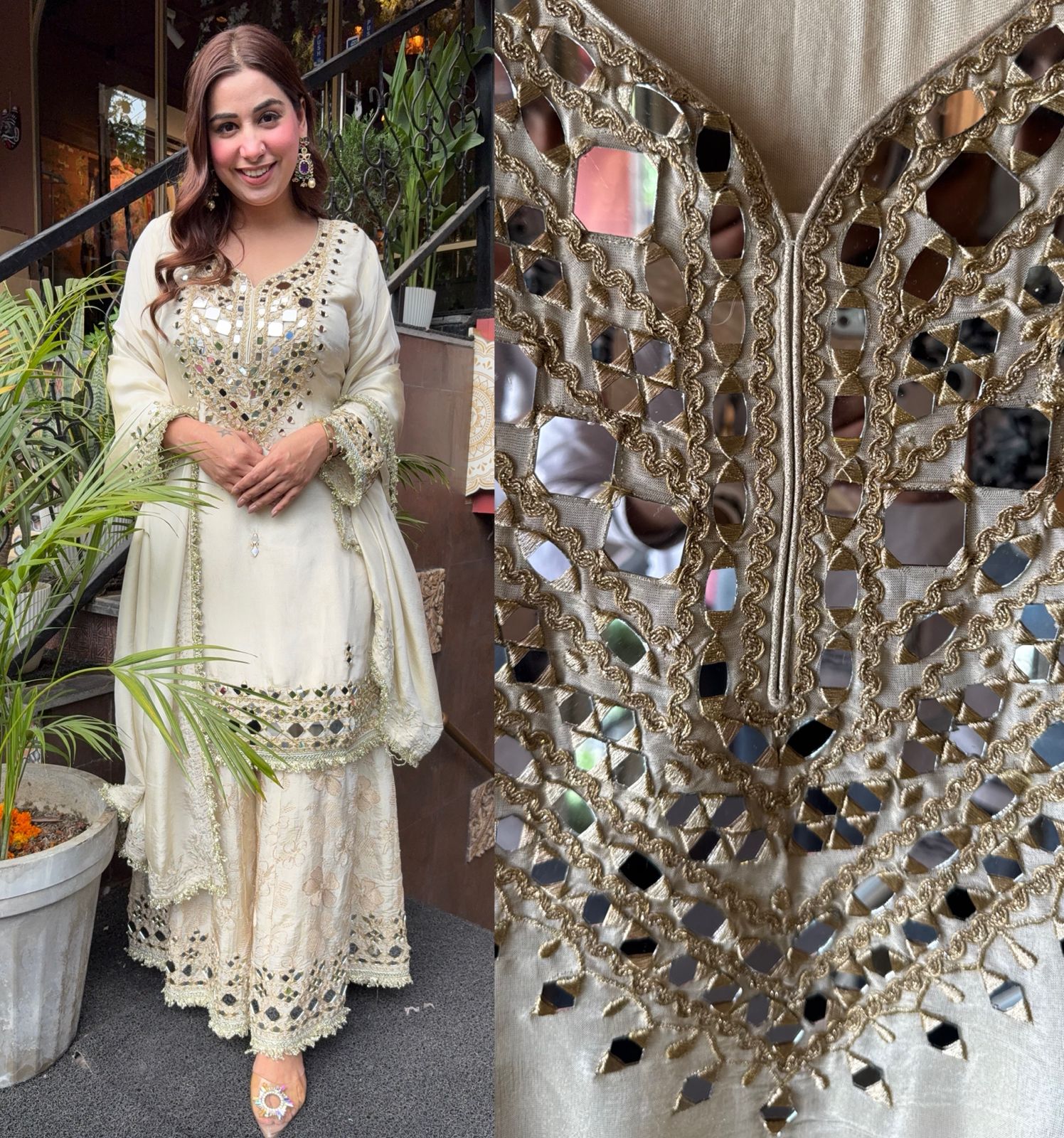 Sharara set on pure tissue with Beautiful mirror embellished neckline