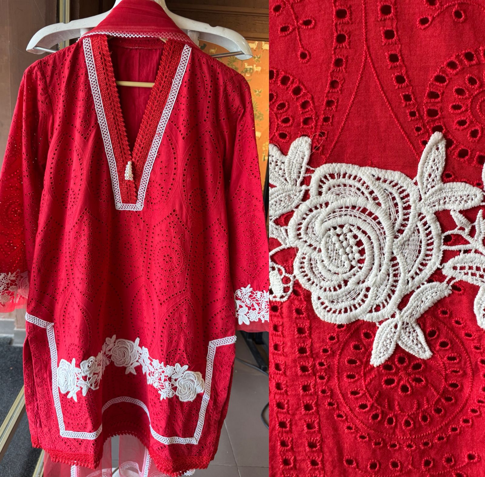 Beautiful Blood red Cotton chicken stitched Suit