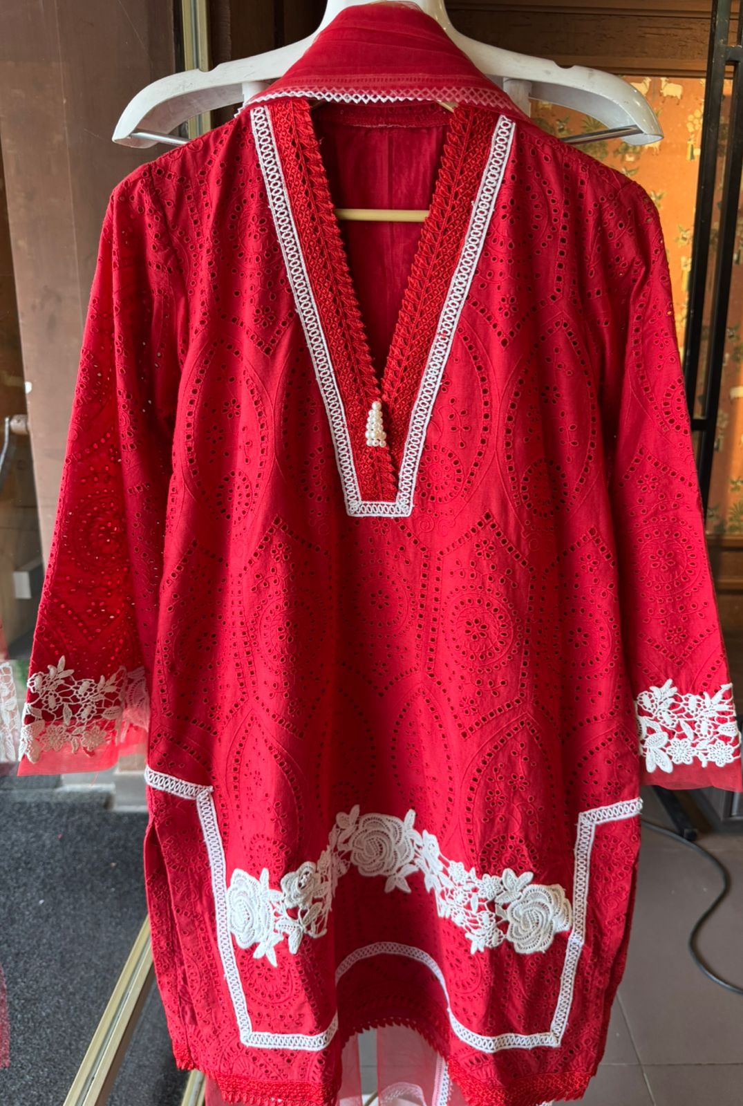 Beautiful Blood red Cotton chicken stitched Suit