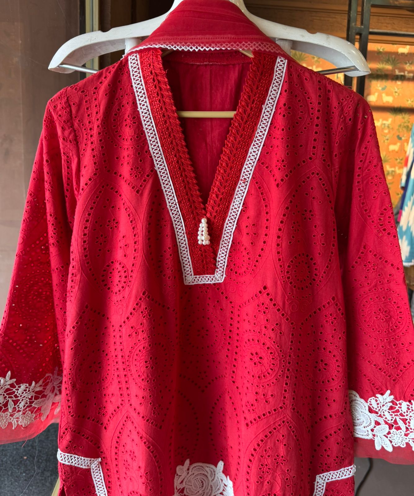 Beautiful Blood red Cotton chicken stitched Suit