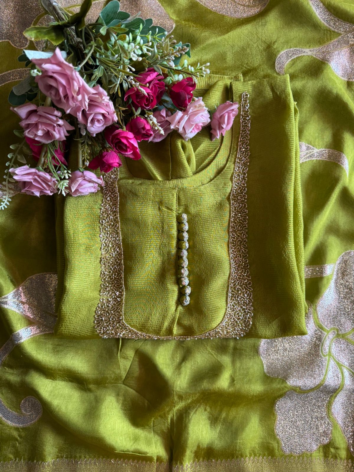 Self Tissue Kurta with Gold lurex Semi stitched shirt