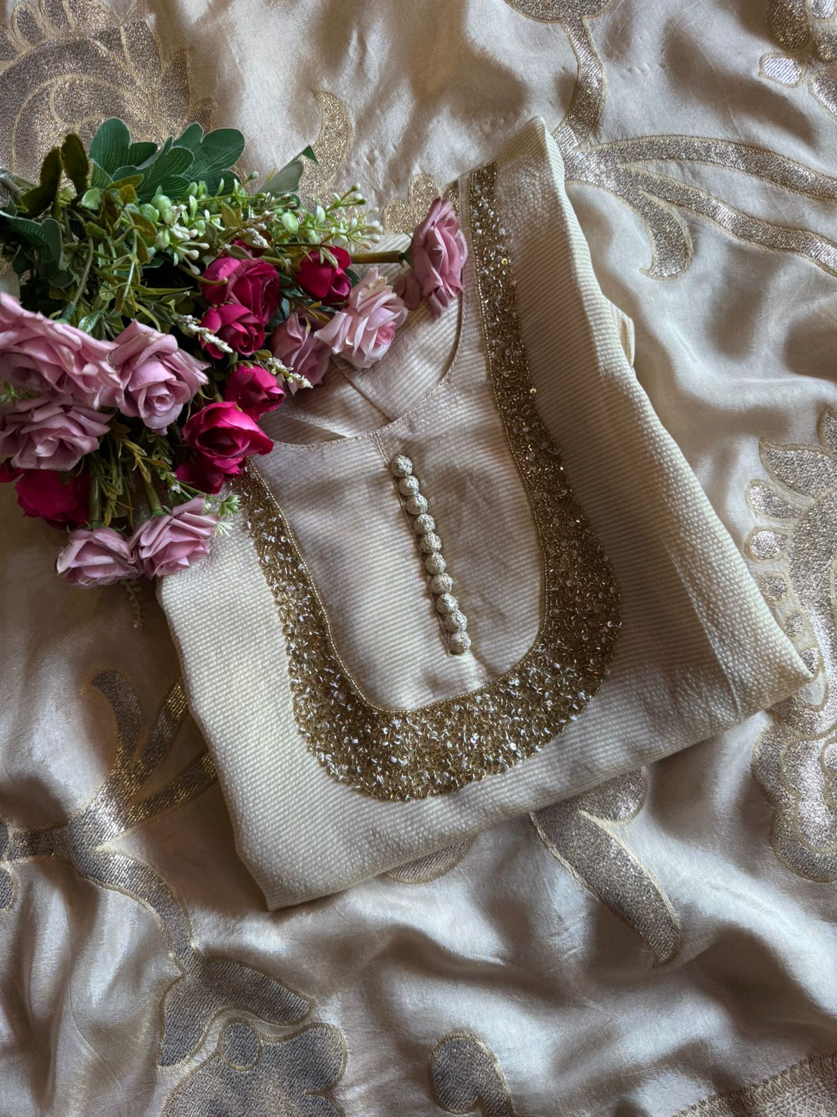 Self Tissue Kurta with Gold lurex Semi stitched shirt