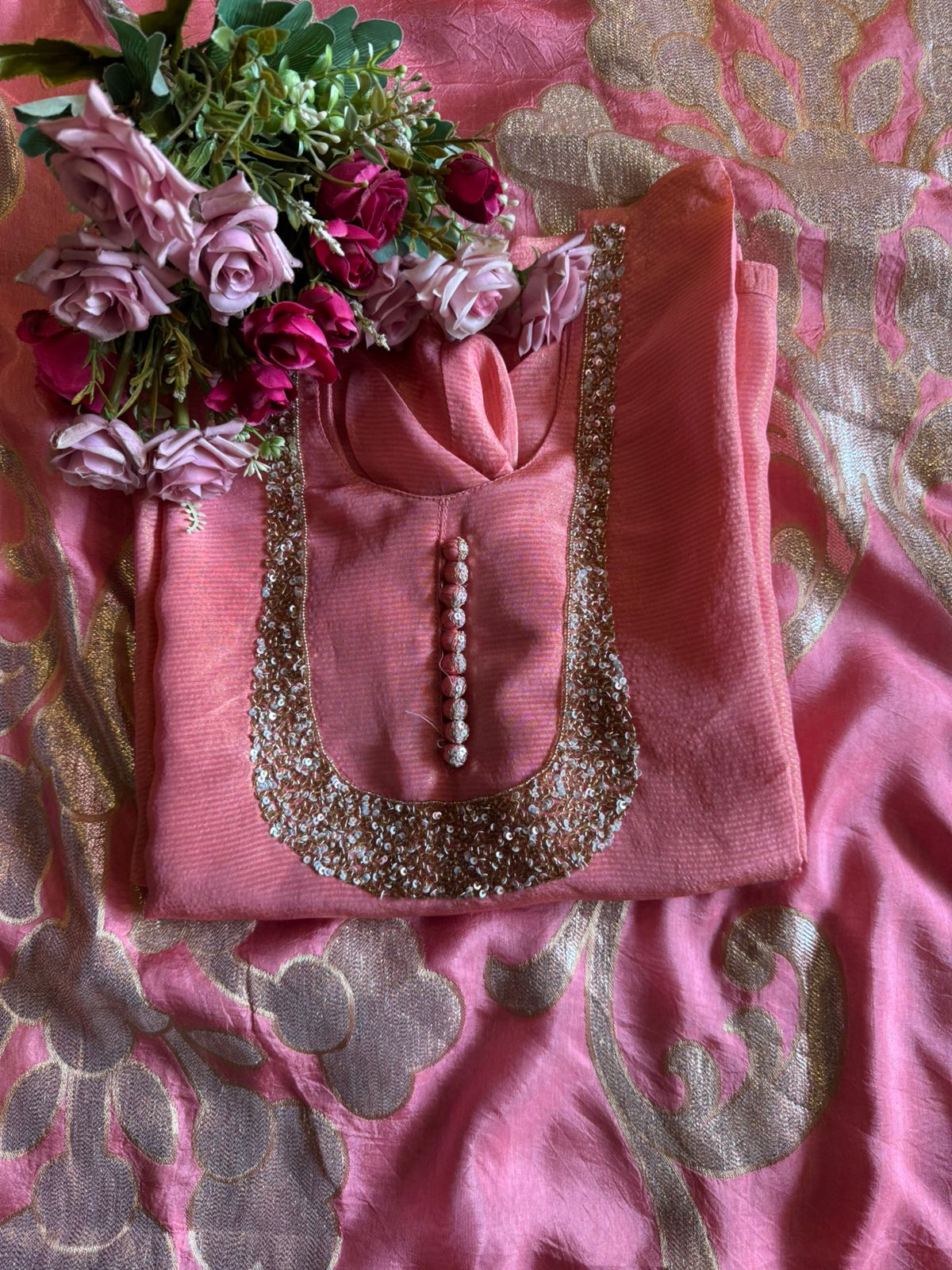 Self Tissue Kurta with Gold lurex Semi stitched shirt