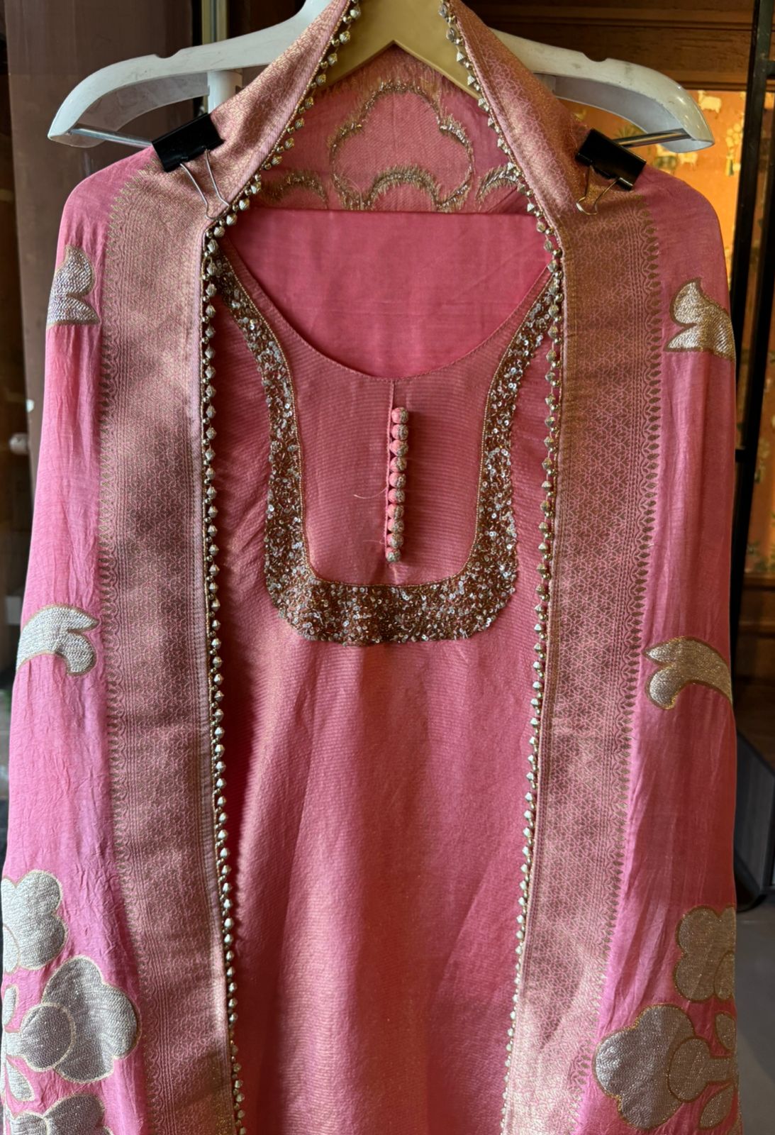 Self Tissue Kurta with Gold lurex Semi stitched shirt