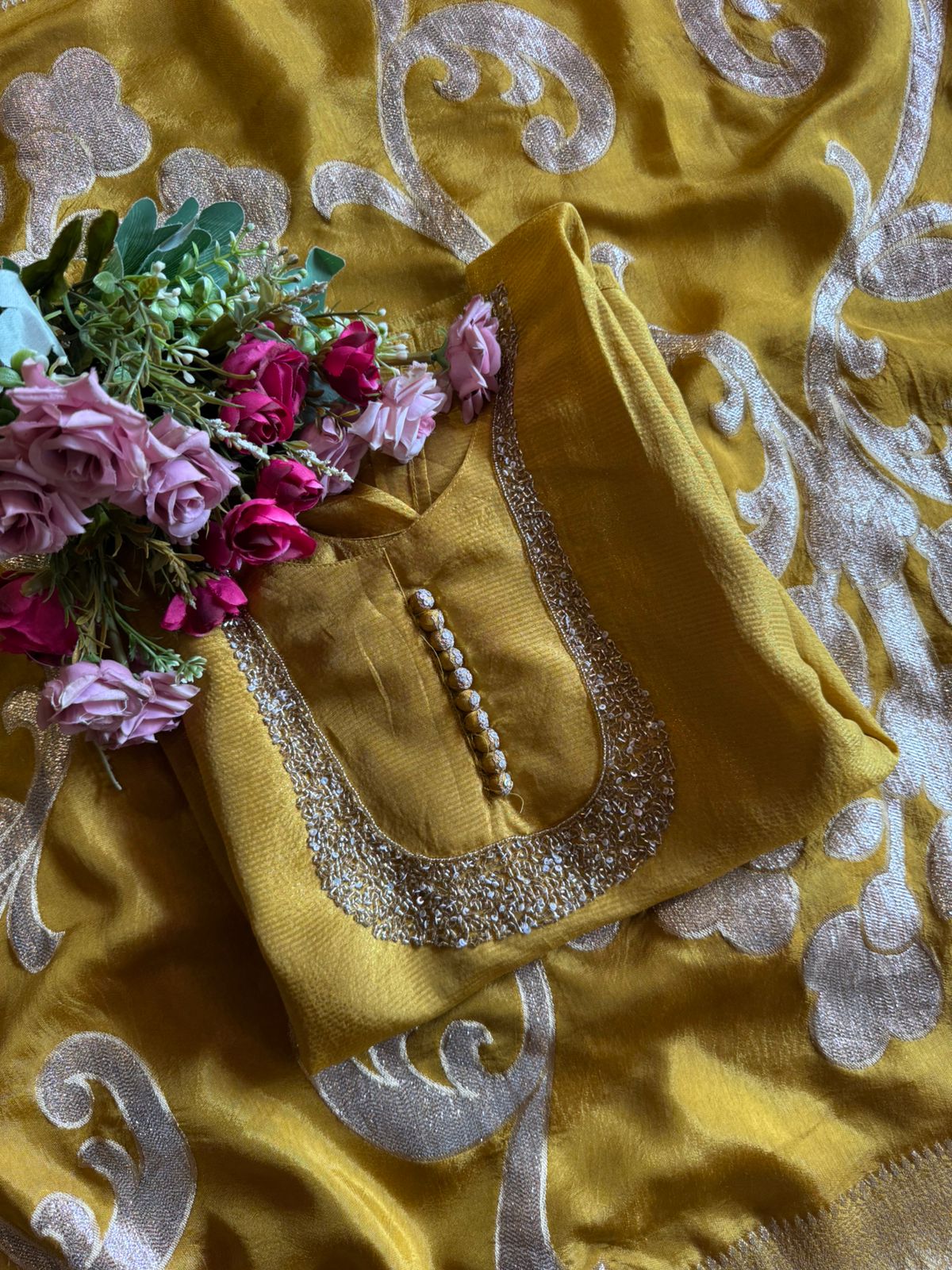 Self Tissue Kurta with Gold lurex Semi stitched shirt