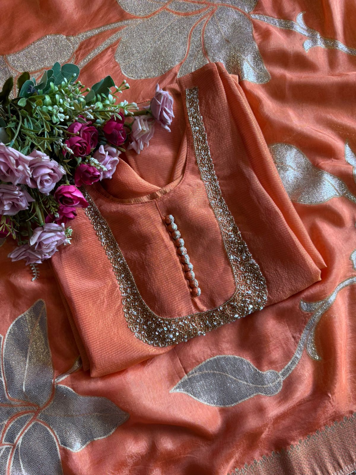 Self Tissue Kurta with Gold lurex Semi stitched shirt