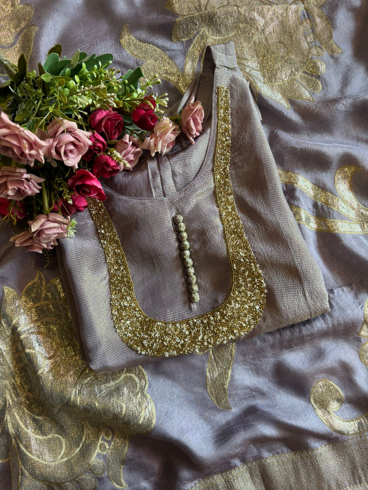 Self Tissue Kurta with Gold lurex Semi stitched shirt