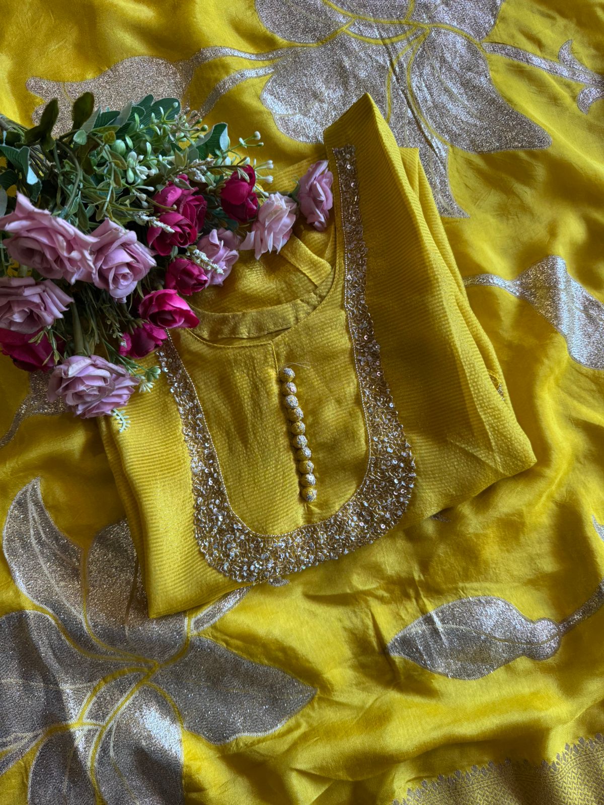 Self Tissue Kurta with Gold lurex Semi stitched shirt