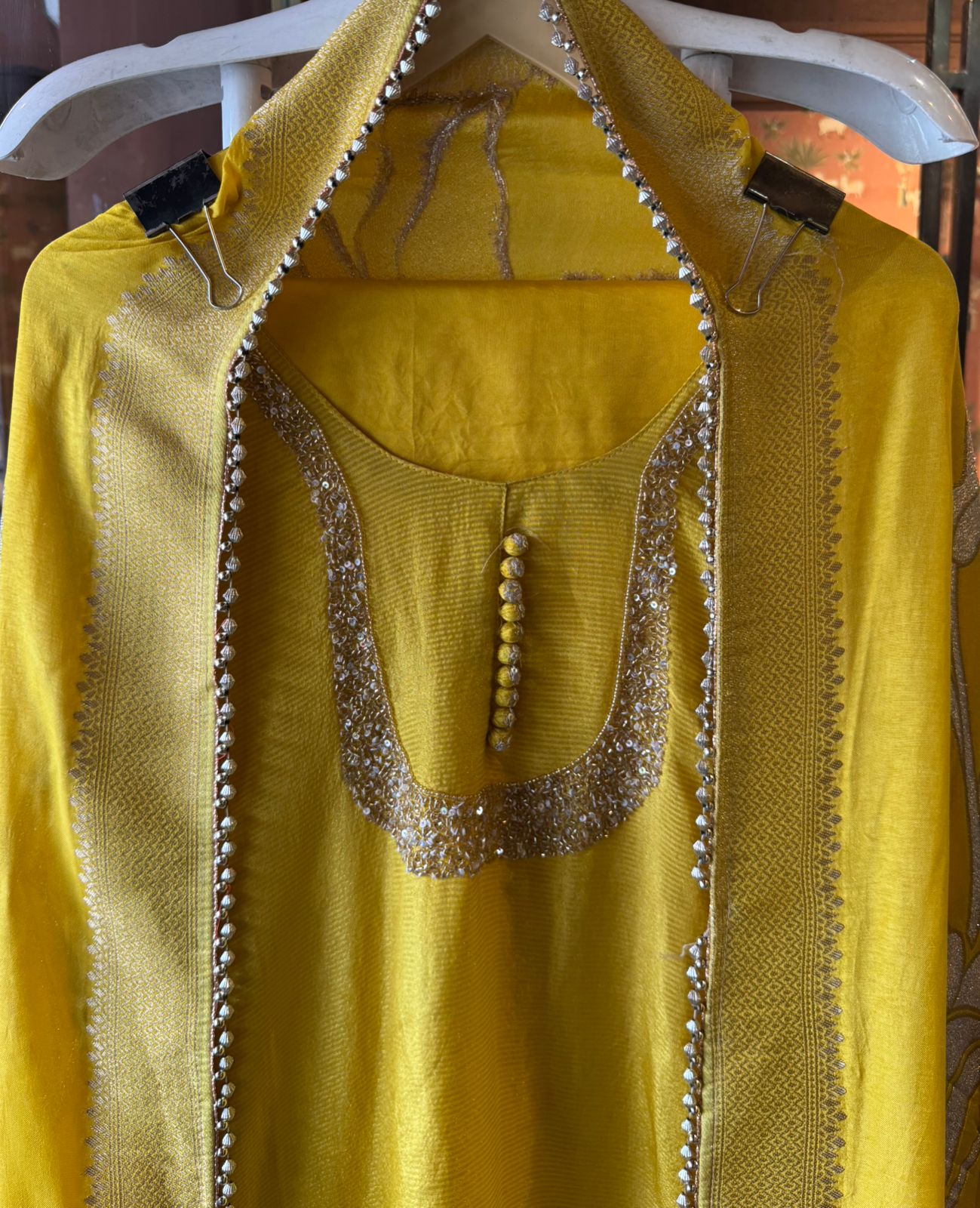 Self Tissue Kurta with Gold lurex Semi stitched shirt