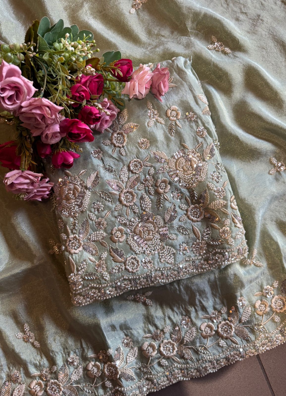 Pakistani handwork pieces On pure shimmer tissue