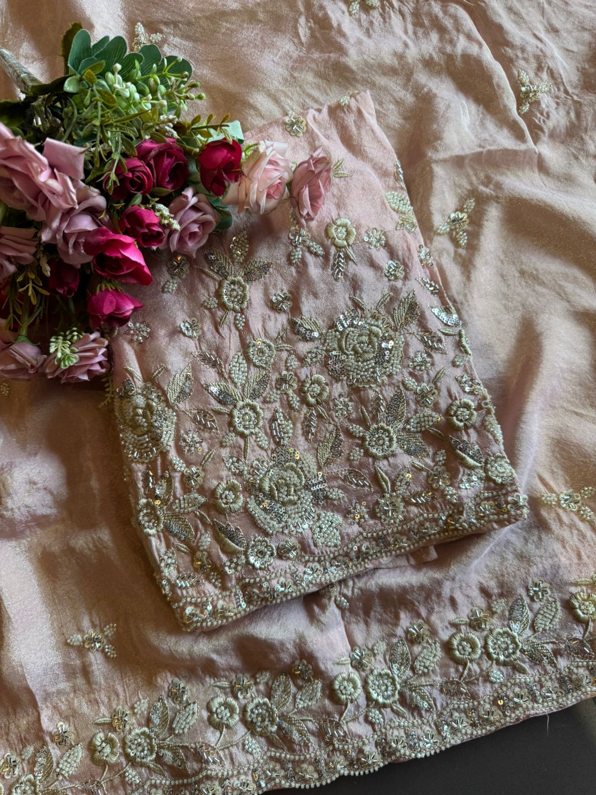 Pakistani handwork pieces On pure shimmer tissue