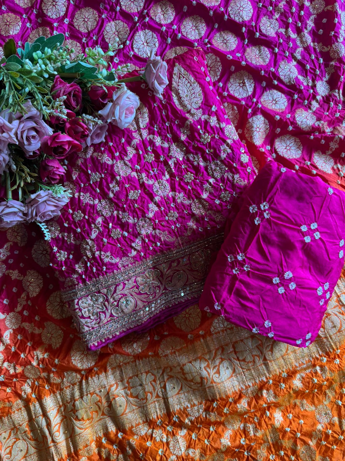 Pure bandhani Crushed ombré Zari weaving suits