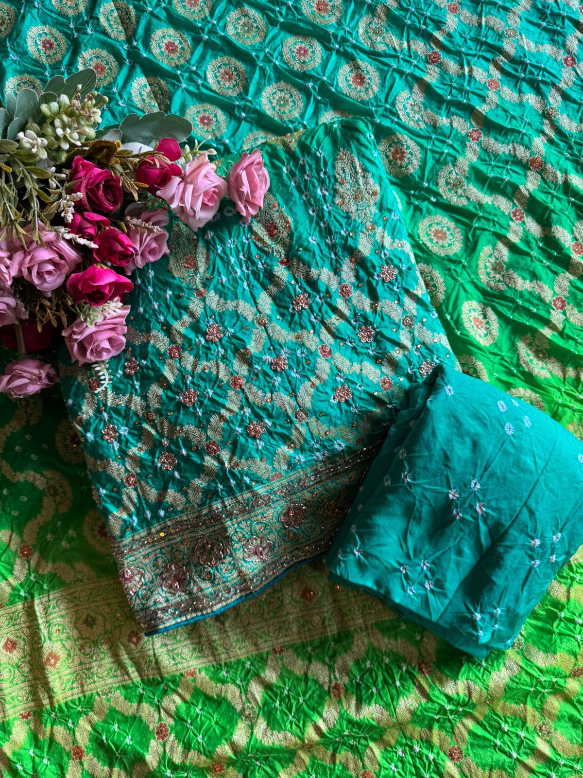 Pure bandhani Crushed ombré Zari weaving suits