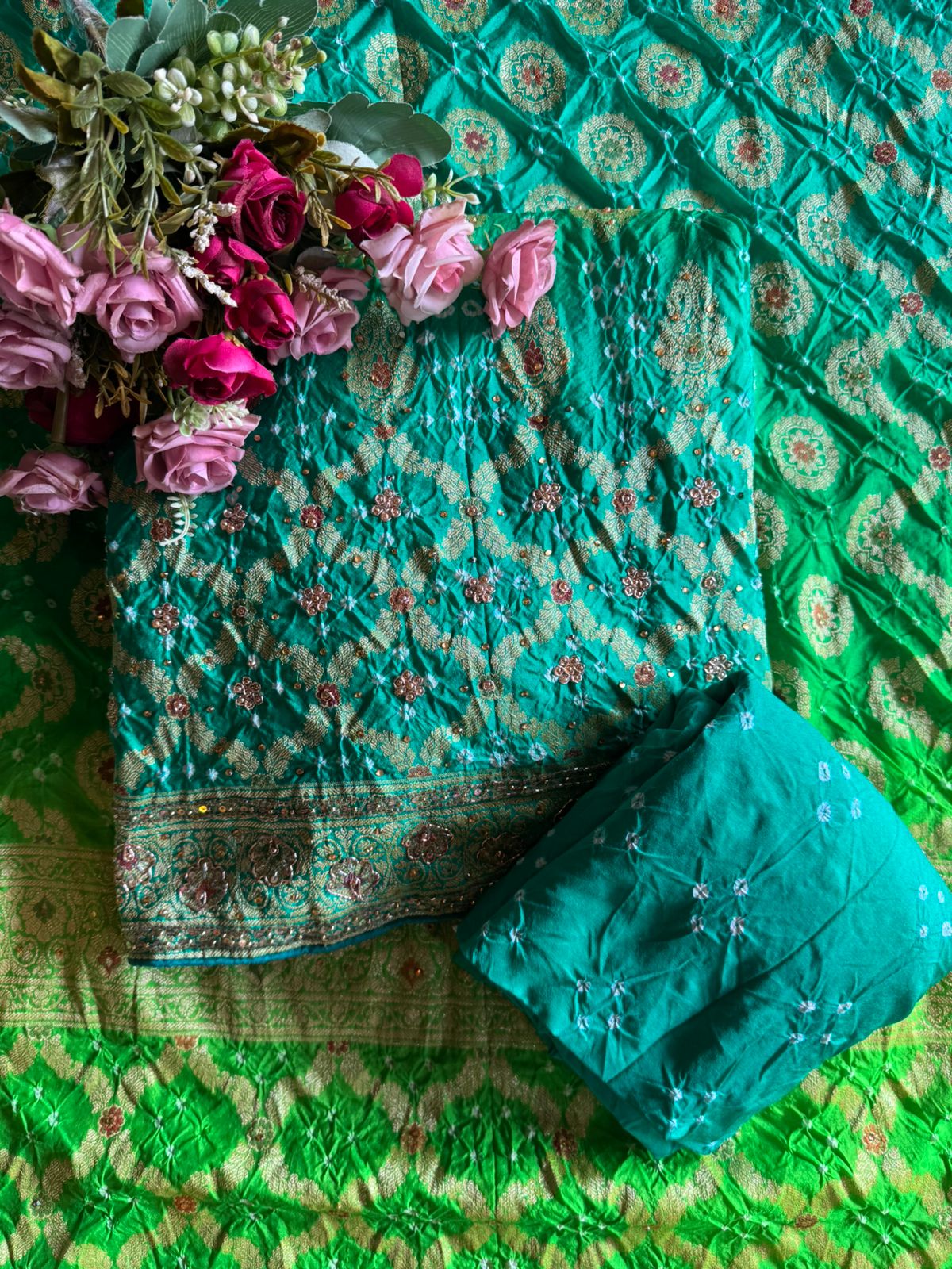 Pure bandhani Crushed ombré Zari weaving suits