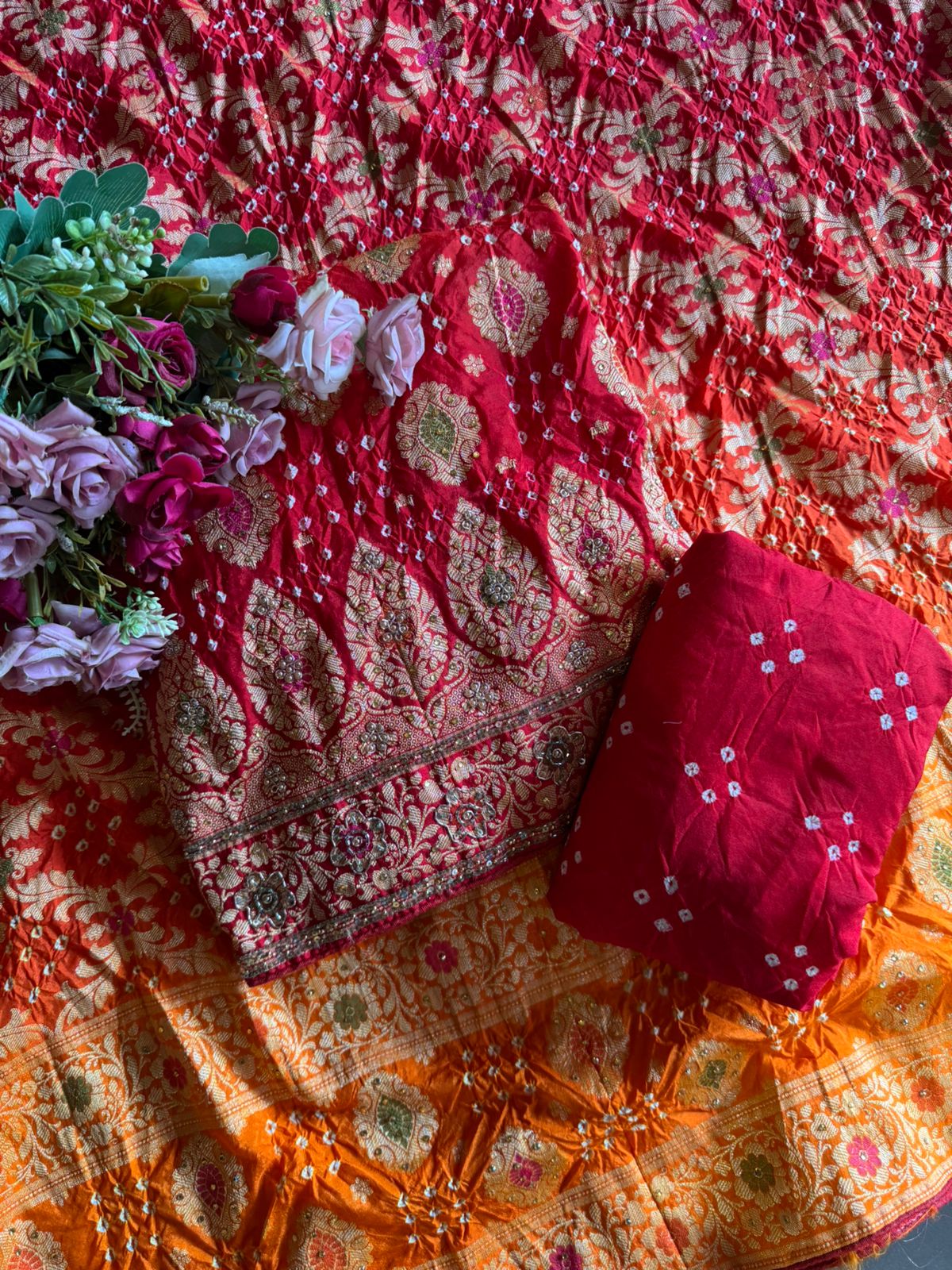 Pure bandhani Crushed ombré Zari weaving suits