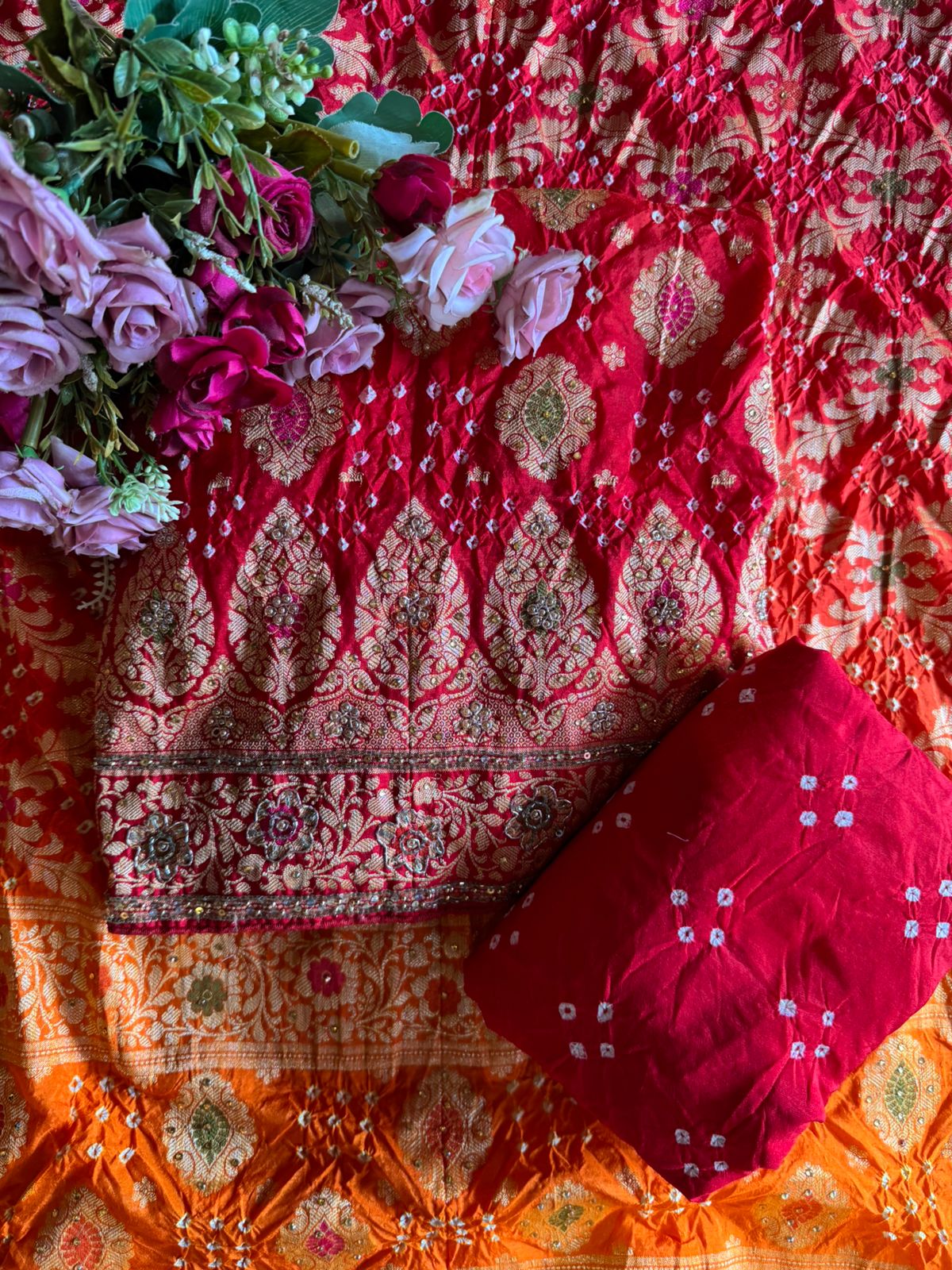Pure bandhani Crushed ombré Zari weaving suits