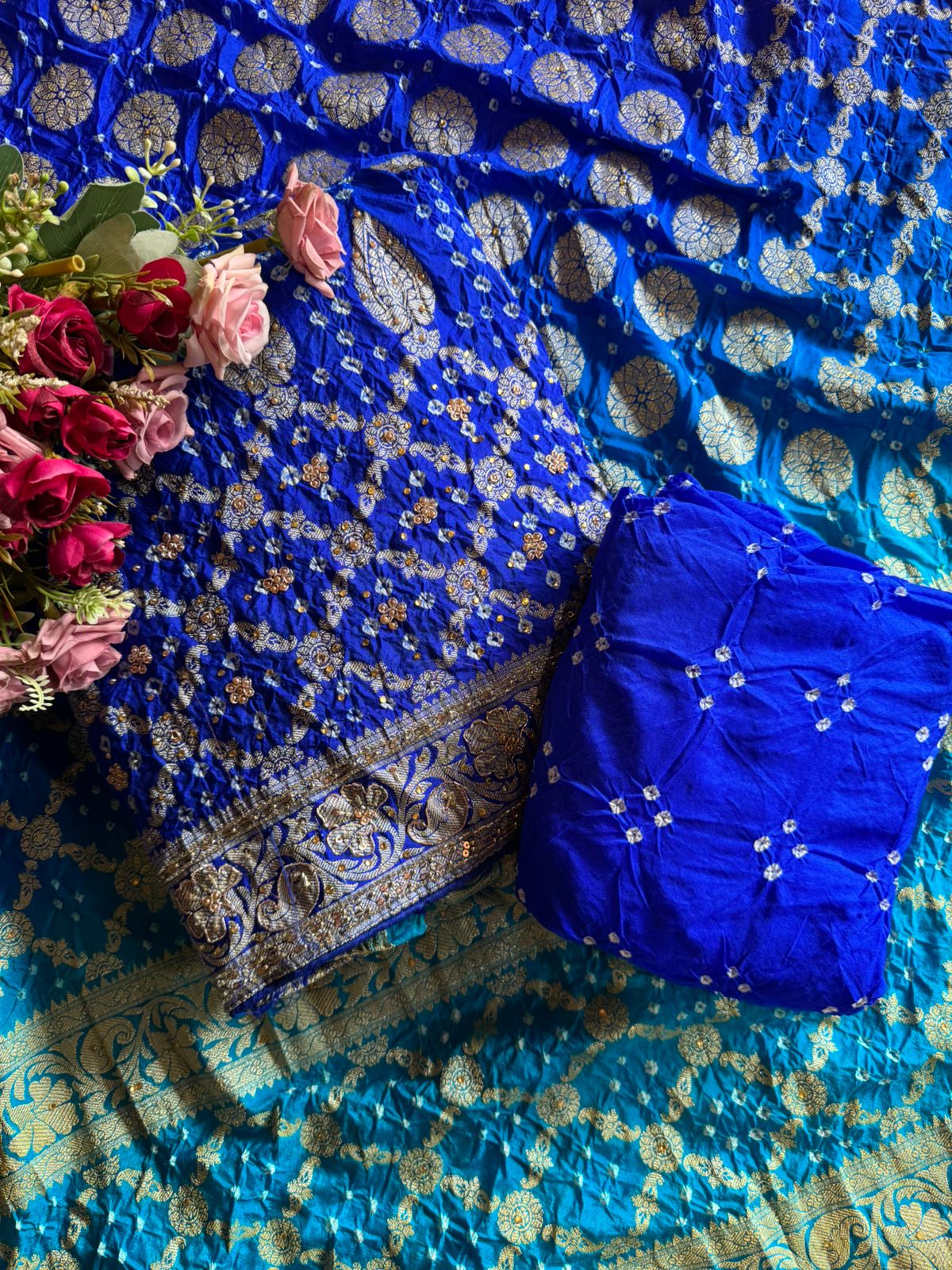 Pure bandhani Crushed ombré Zari weaving suits